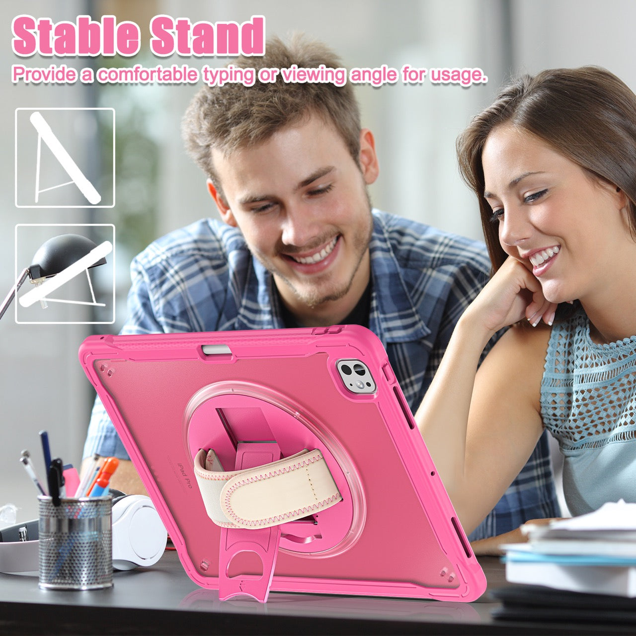 iPad Pro 13" Rugged Case (M5 2025 / M4 2024) - 360° Stand, Hand & Shoulder Strap - Shockproof - Rose