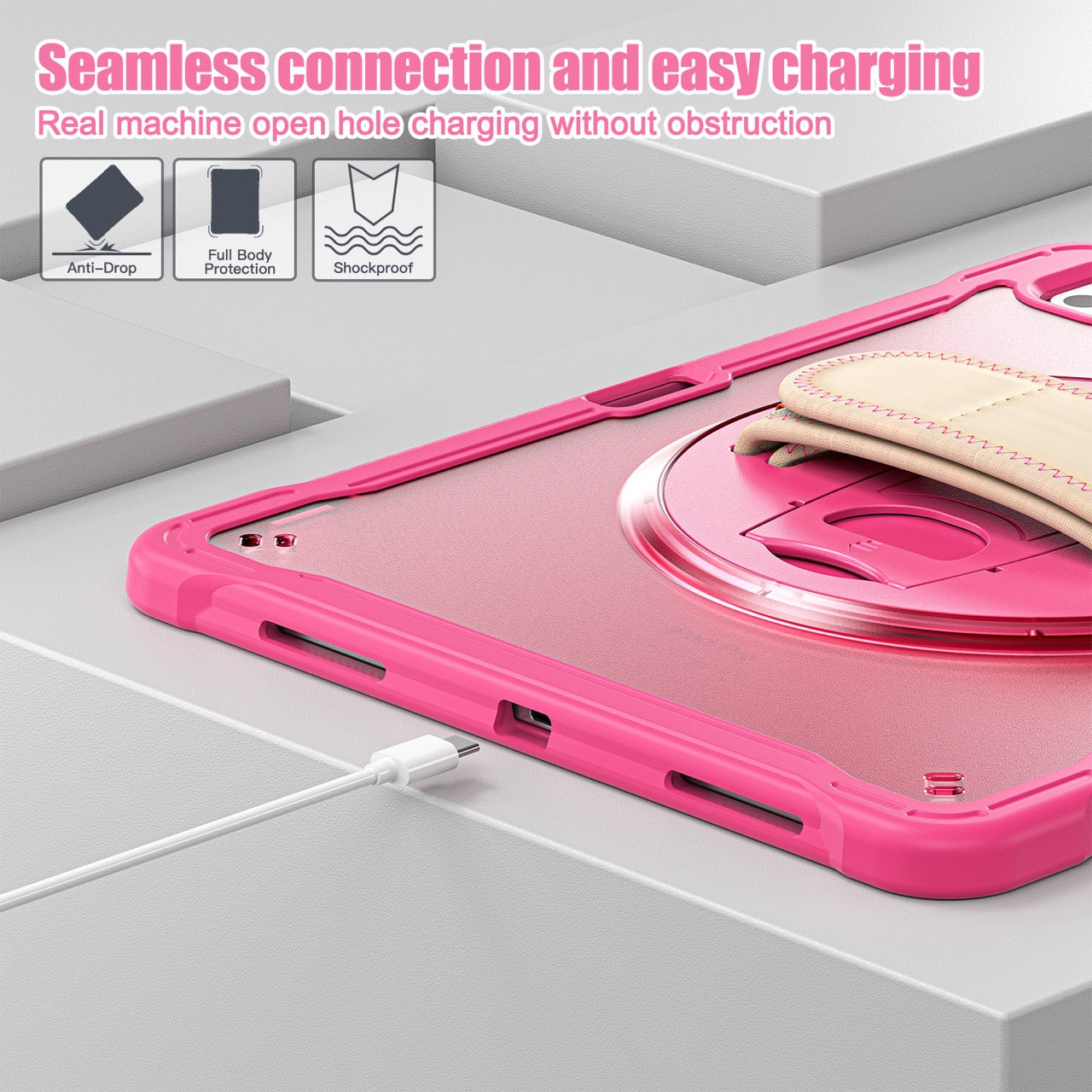 iPad Pro 13" Rugged Case (M5 2025 / M4 2024) - 360° Stand, Hand & Shoulder Strap - Shockproof - Rose
