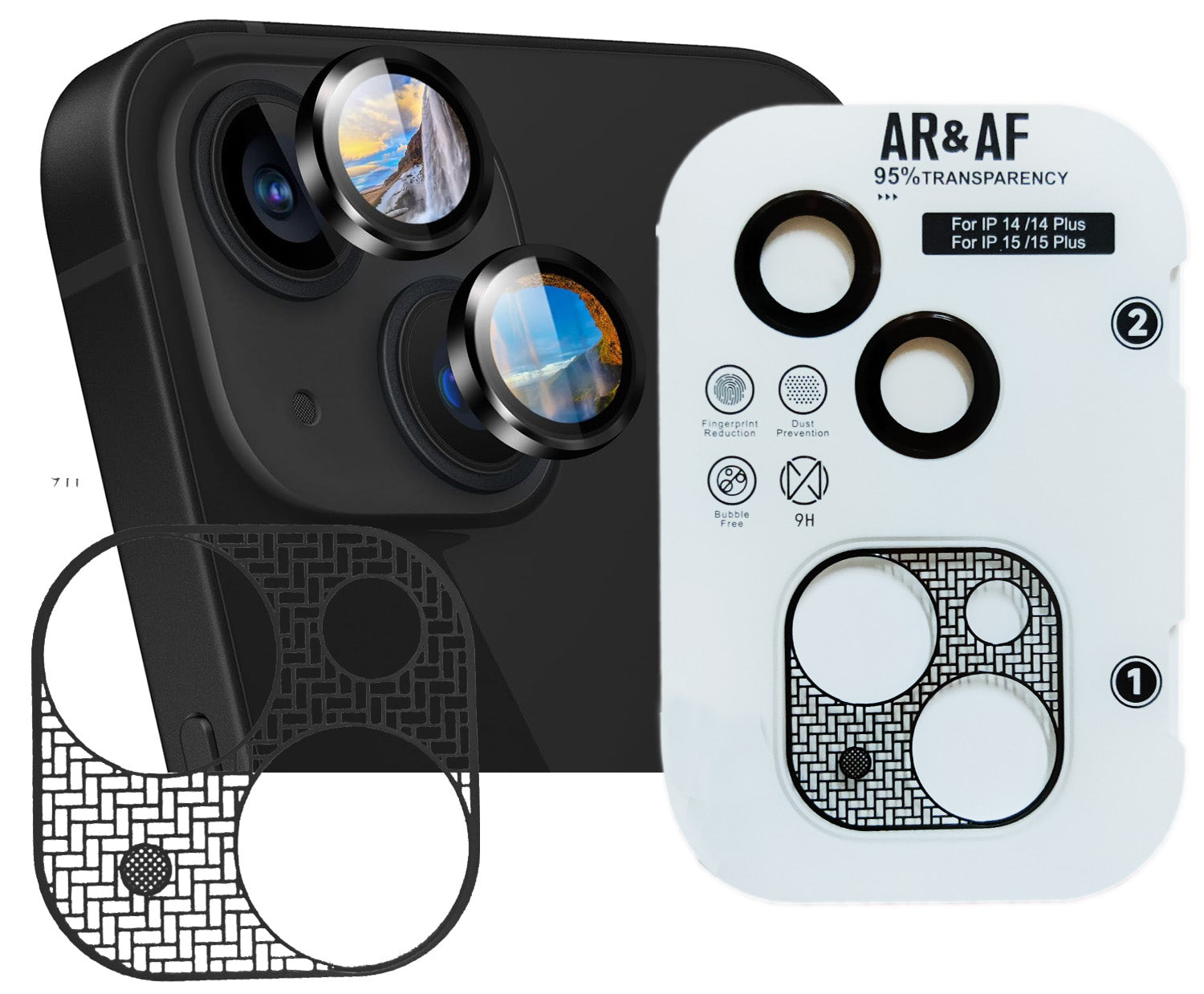 iPhone 14/14+ 15/15+ Eagle Eye AR+AF Lens Protector + Ultra-Thin Camera Island Film - Black