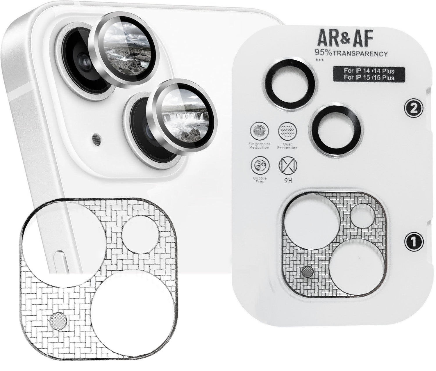 iPhone 14/14+ 15/15+ Eagle Eye AR+AF Lens Protector + Ultra-Thin Camera Island Film - Silver