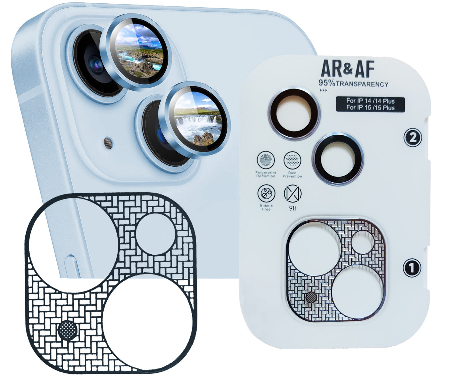 iPhone 14/14+ 15/15+ Eagle Eye AR+AF Lens Protector + Ultra-Thin Camera Island Film - Ice Blue