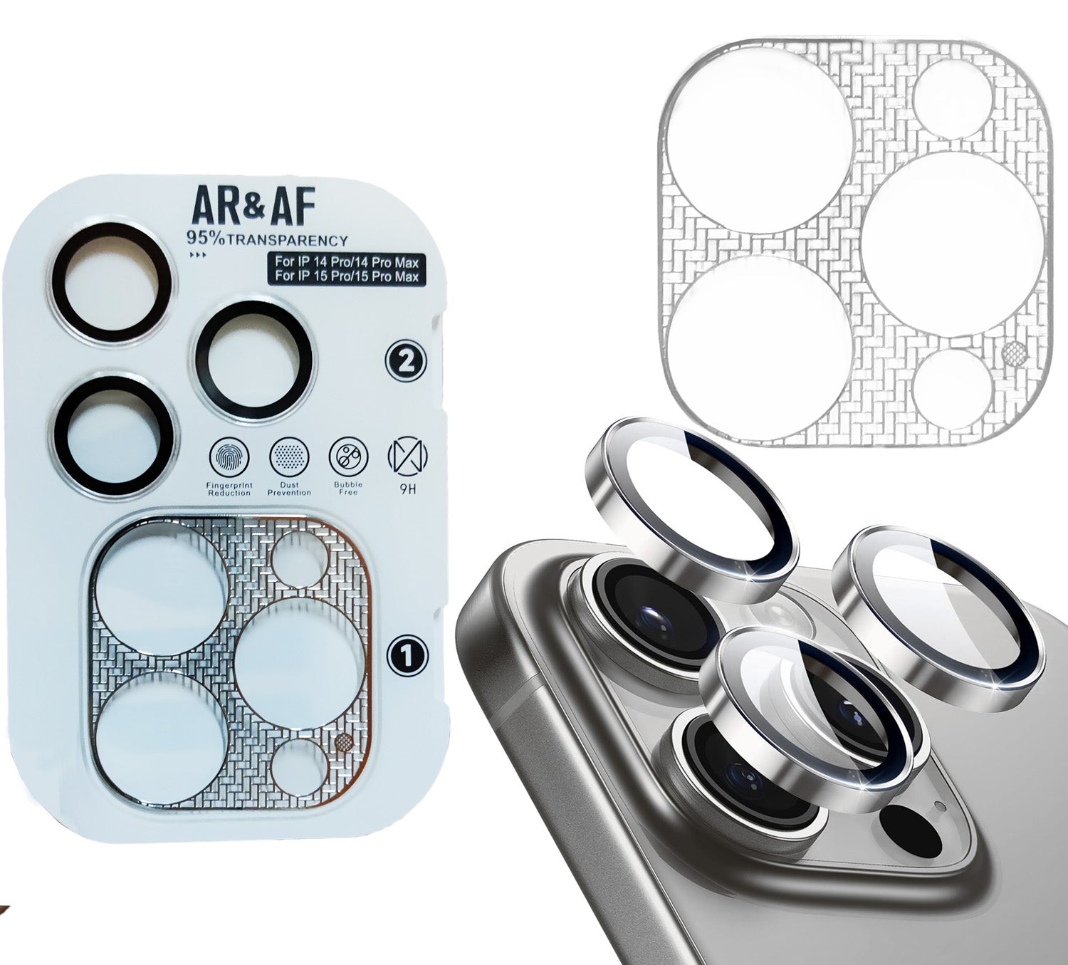 iPhone 14 Pro/ProMax 15 Pro/ProMax AR+AF Lens Protector + Ultra-Thin Camera Island Film - Silver