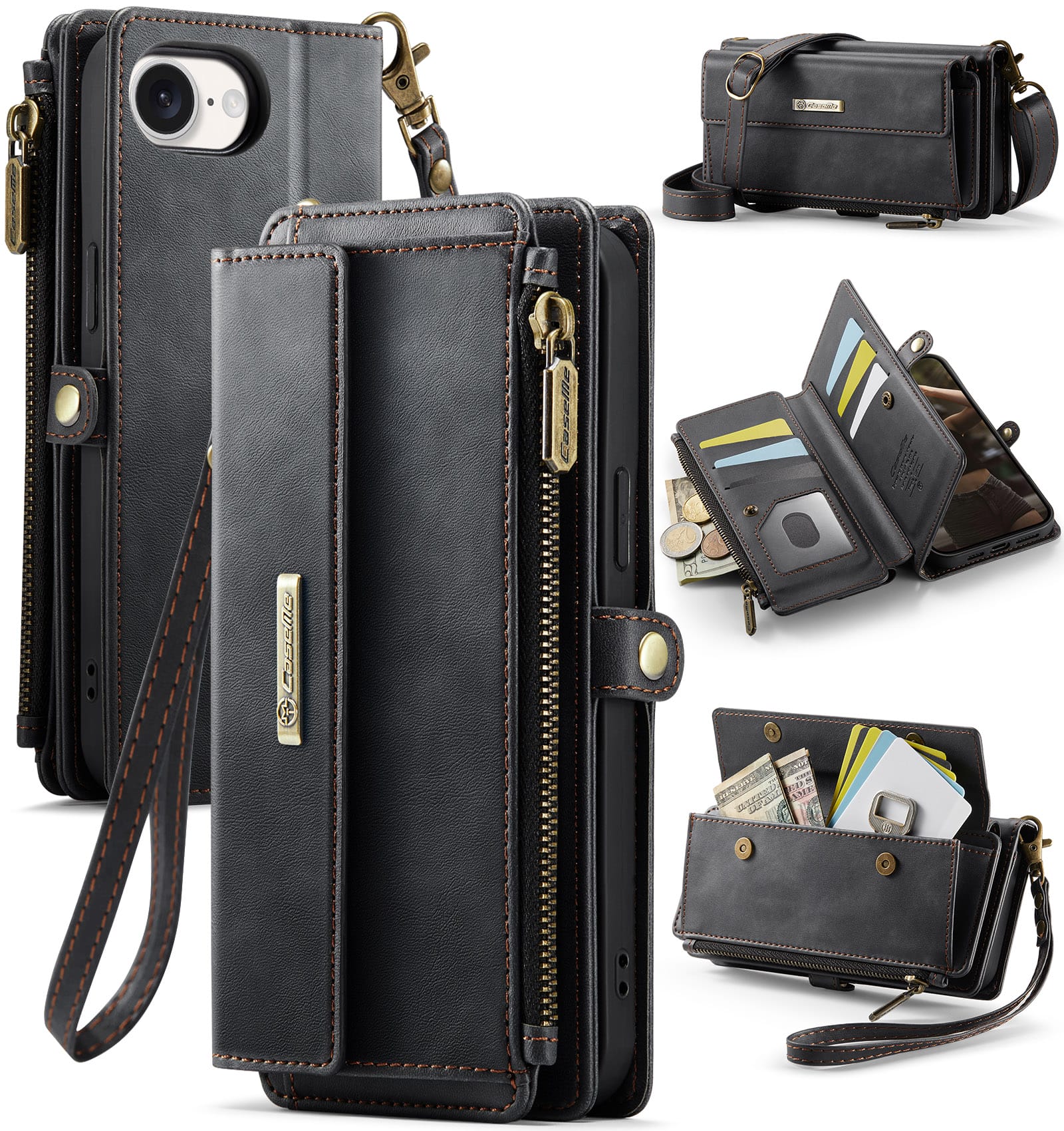 iPhone 16e 17e Crossbody Case with Strap, Card Slots & Zipper Pocket Black
