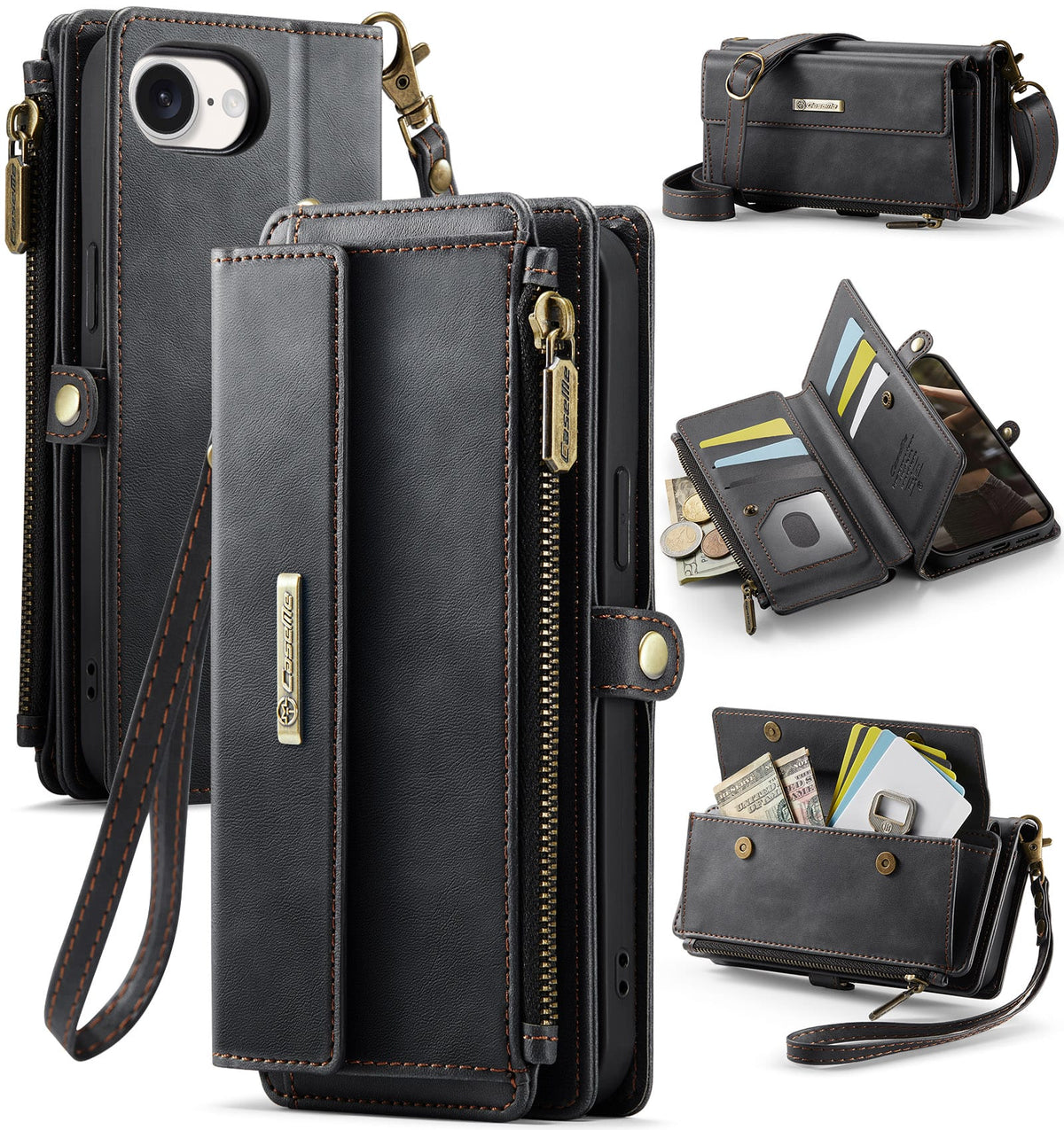 iPhone 16e 17e Crossbody Case with Strap, Card Slots & Zipper Pocket Black