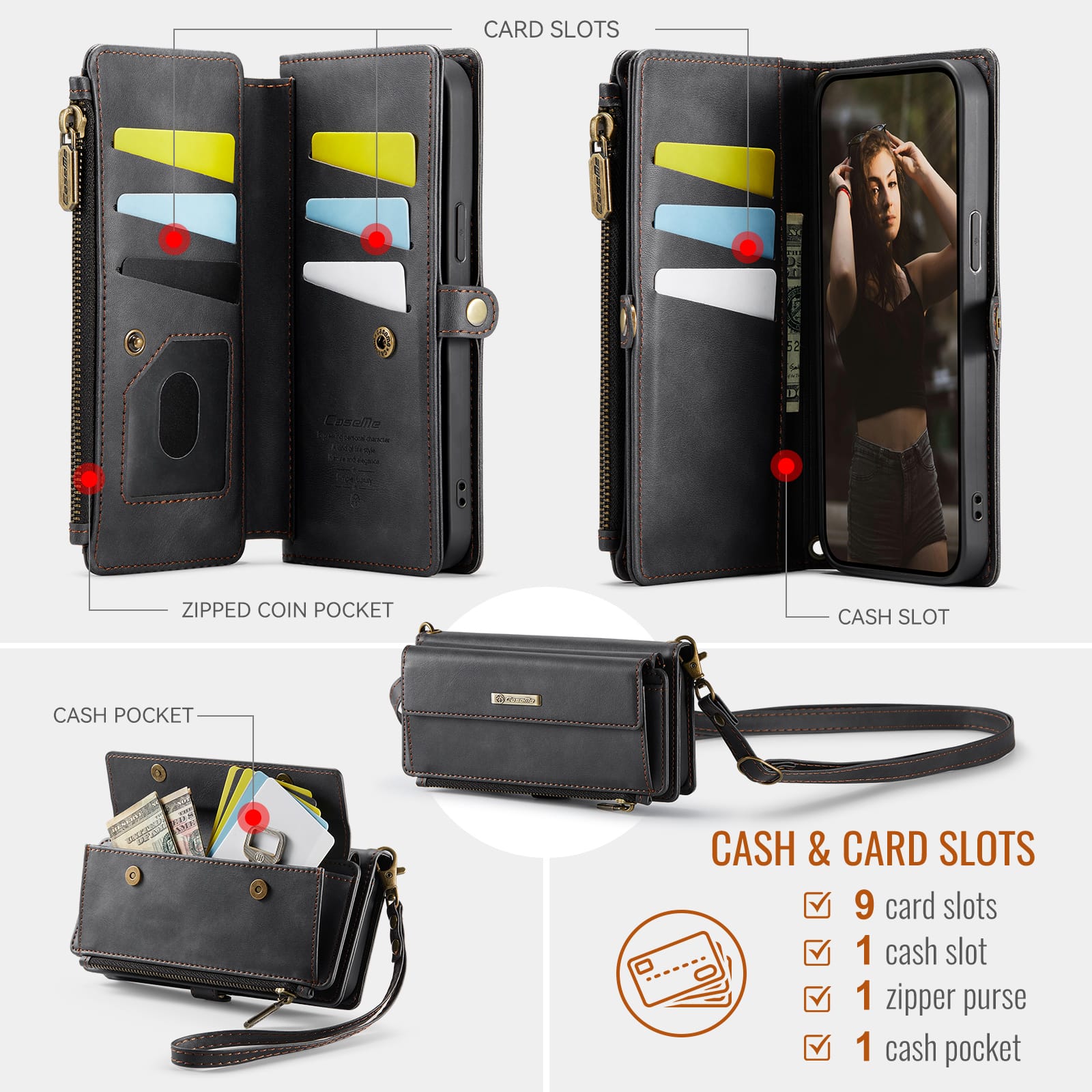 iPhone 16e 17e Crossbody Case with Strap, Card Slots & Zipper Pocket Black