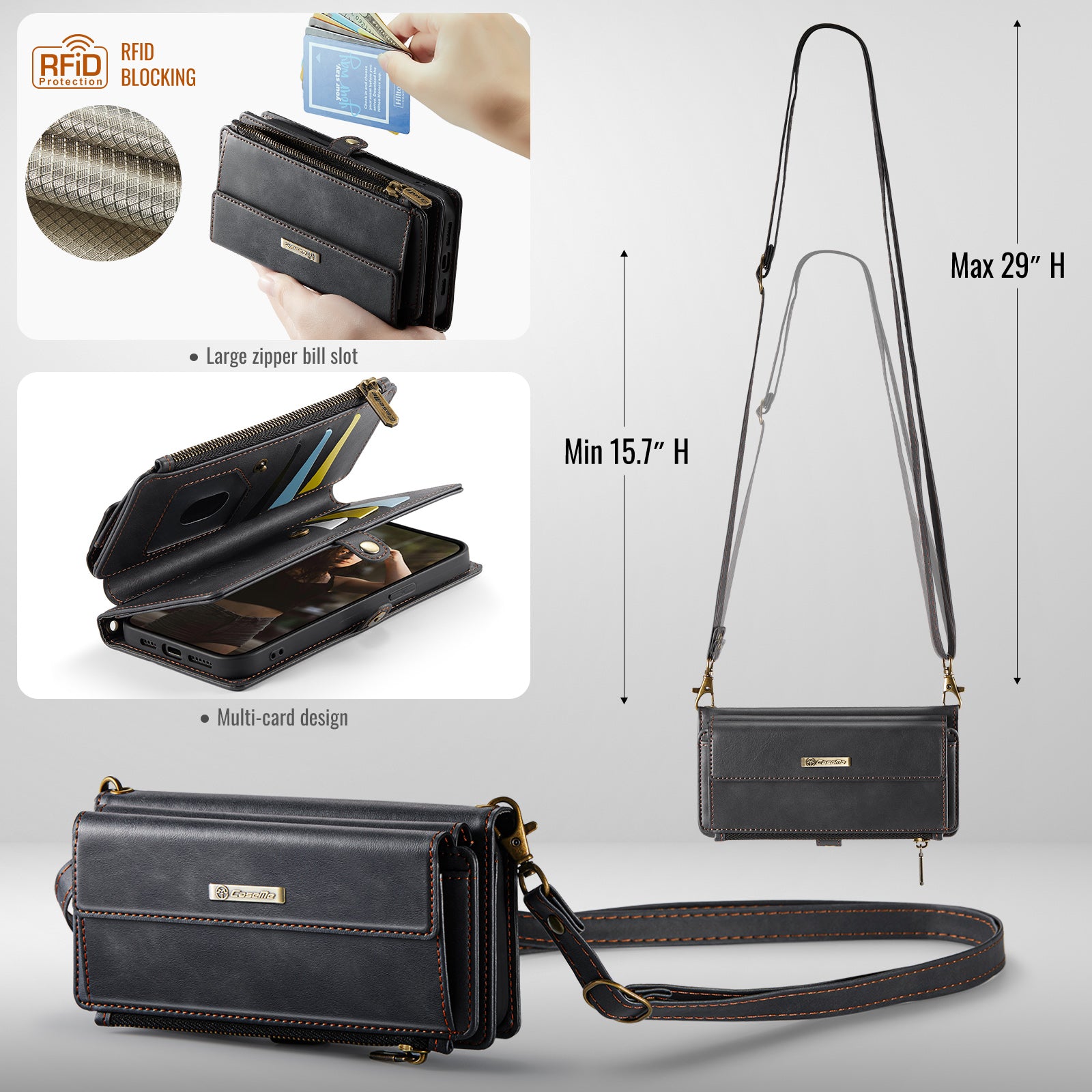 iPhone 16e 17e Crossbody Case with Strap, Card Slots & Zipper Pocket Black