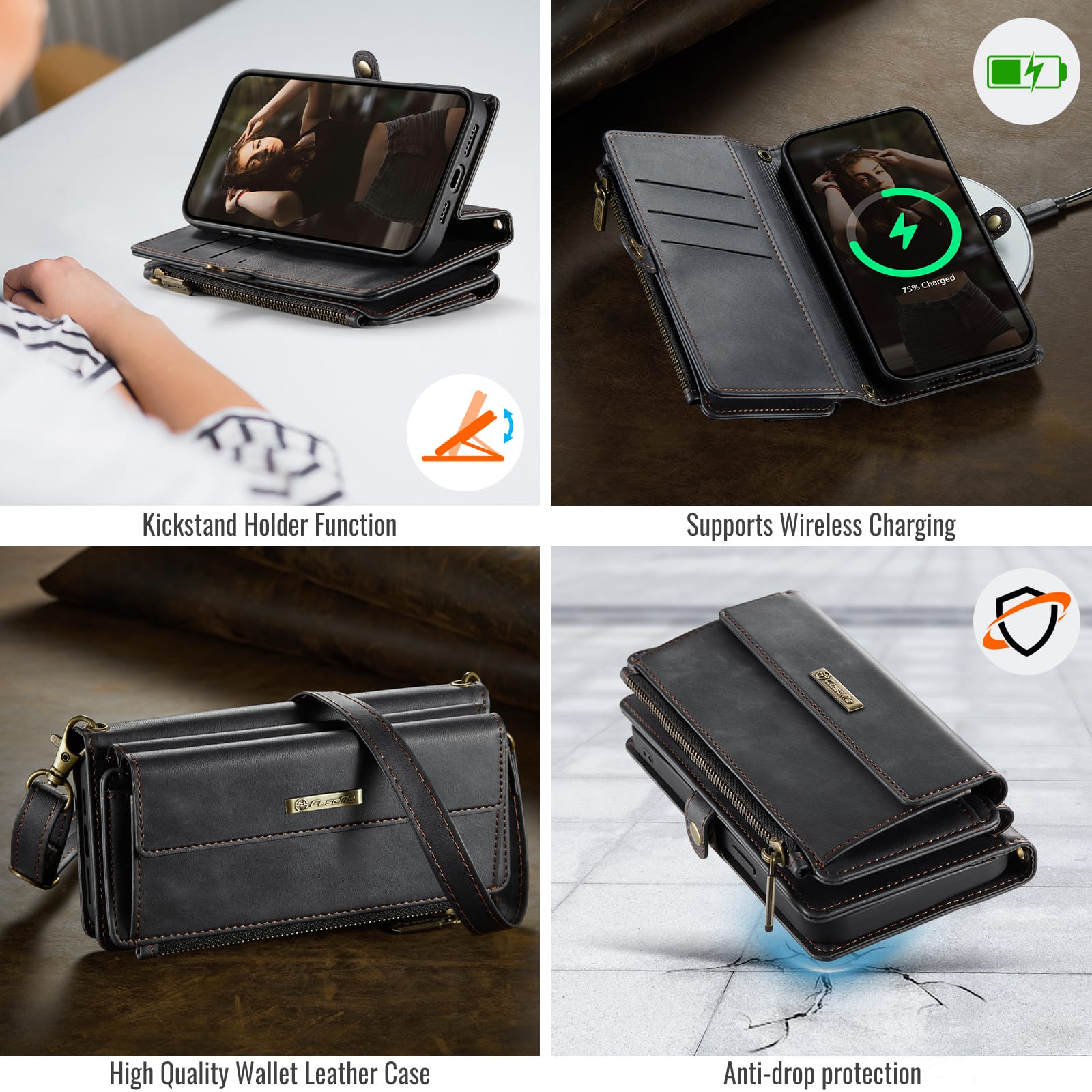 iPhone 16e 17e Crossbody Case with Strap, Card Slots & Zipper Pocket Black