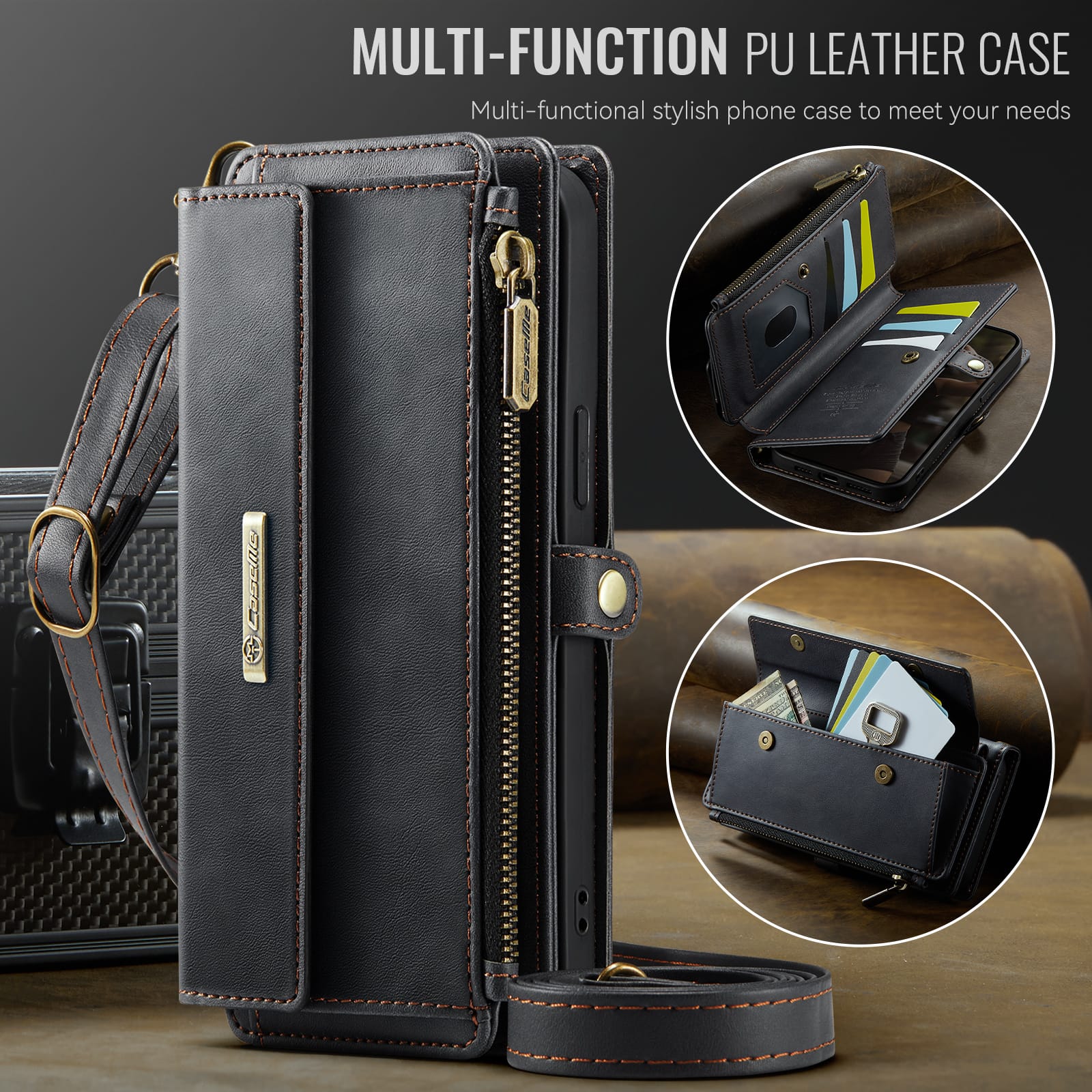 iPhone 16e 17e Crossbody Case with Strap, Card Slots & Zipper Pocket Black