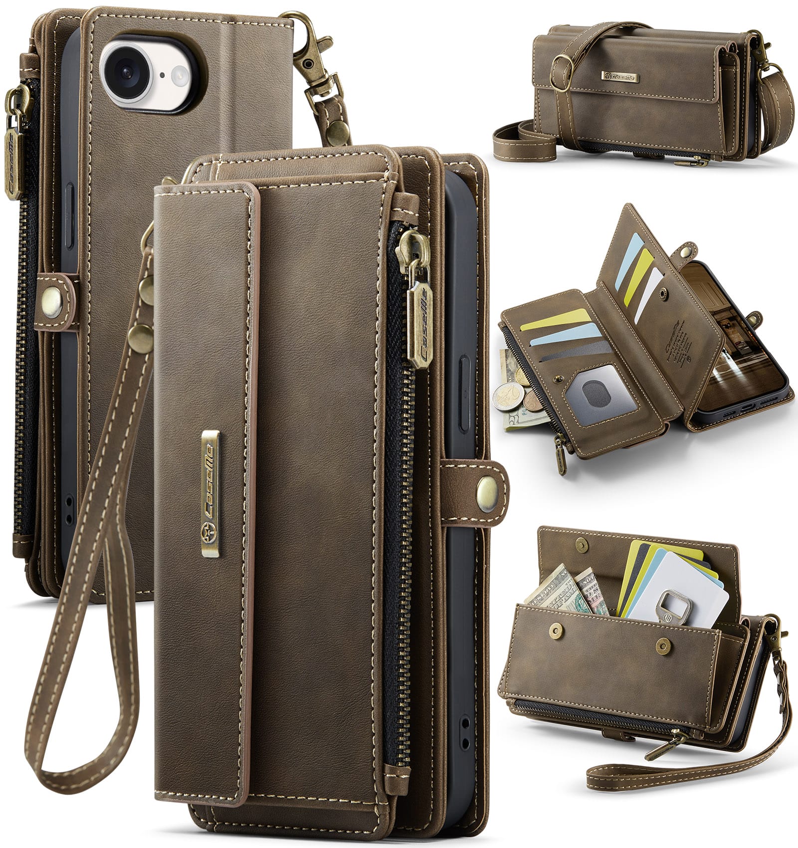 iPhone 16e 17e Crossbody Case with Strap, Card Slots & Zipper Pocket Coffee