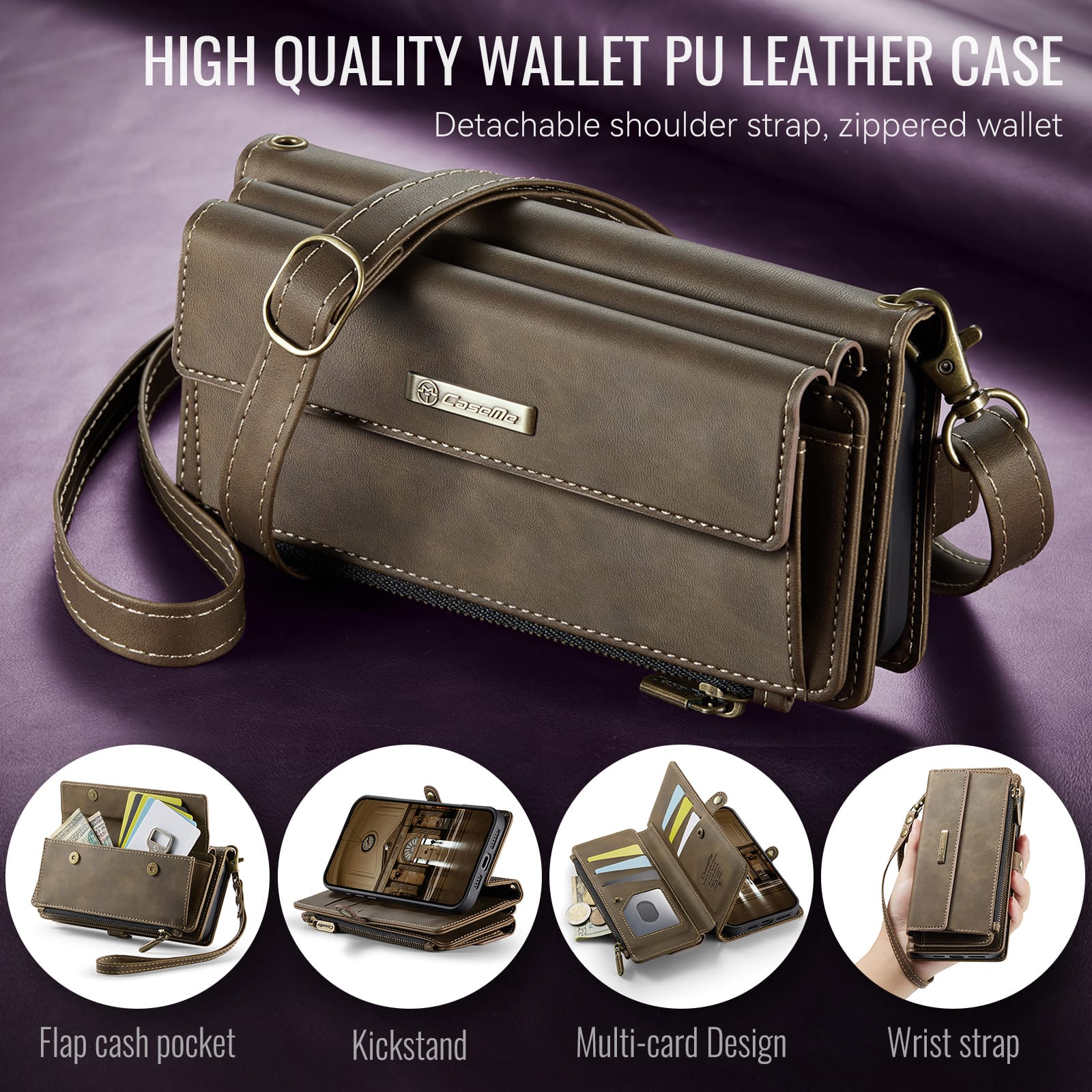 iPhone 16e 17e Crossbody Case with Strap, Card Slots & Zipper Pocket Coffee