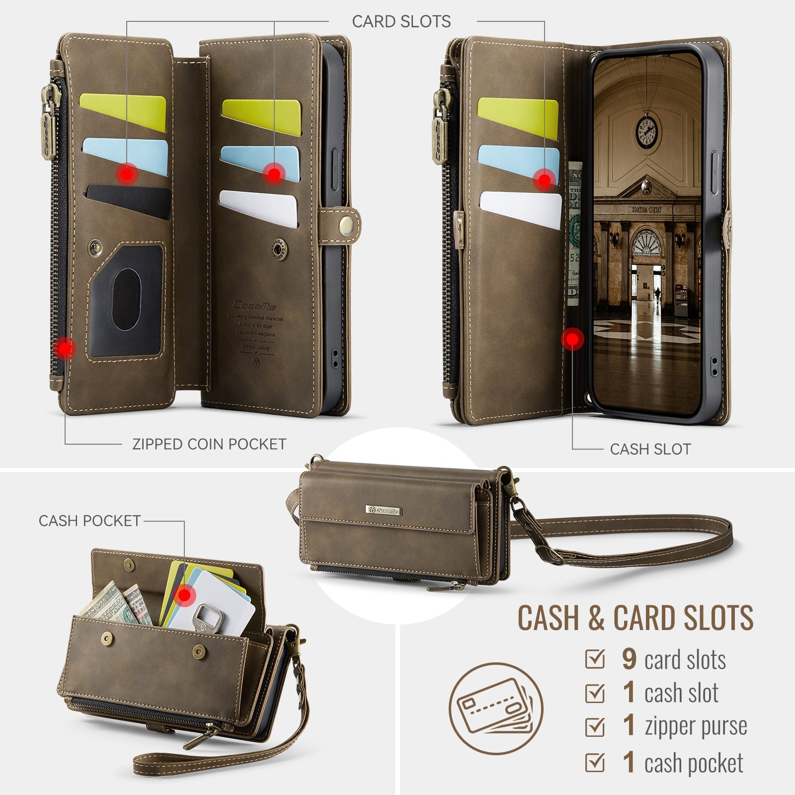 iPhone 16e 17e Crossbody Case with Strap, Card Slots & Zipper Pocket Coffee