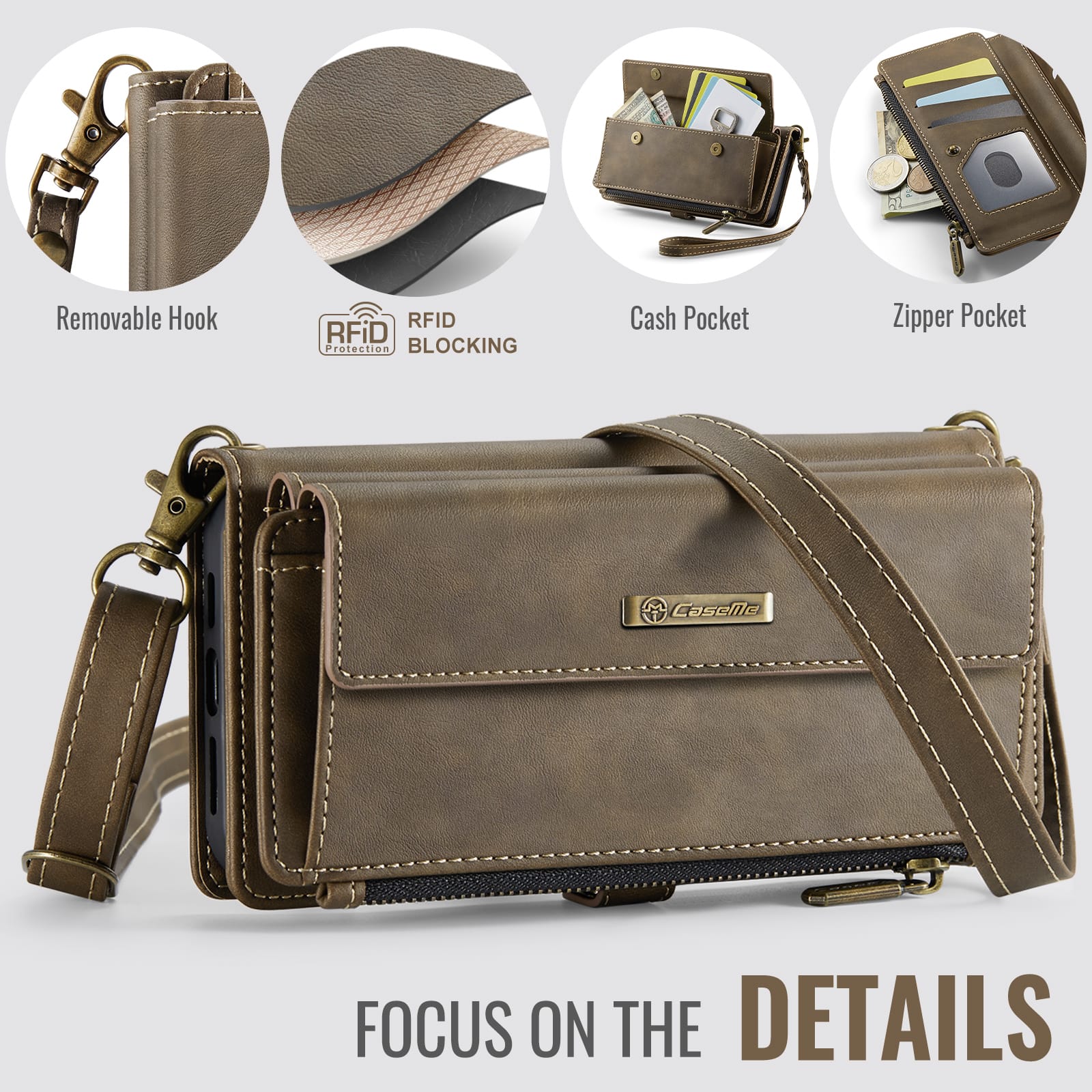 iPhone 16e 17e Crossbody Case with Strap, Card Slots & Zipper Pocket Coffee