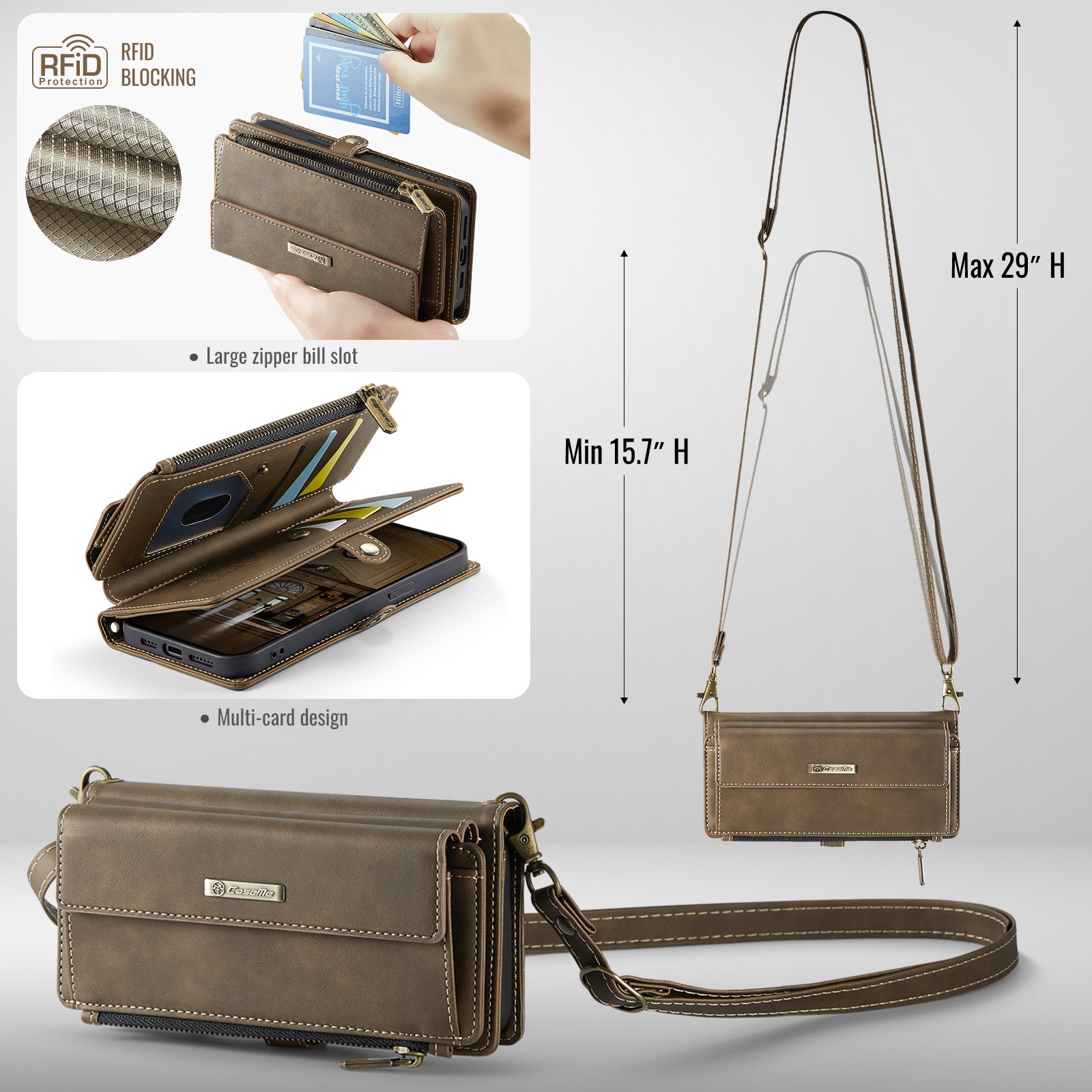 iPhone 16e 17e Crossbody Case with Strap, Card Slots & Zipper Pocket Coffee