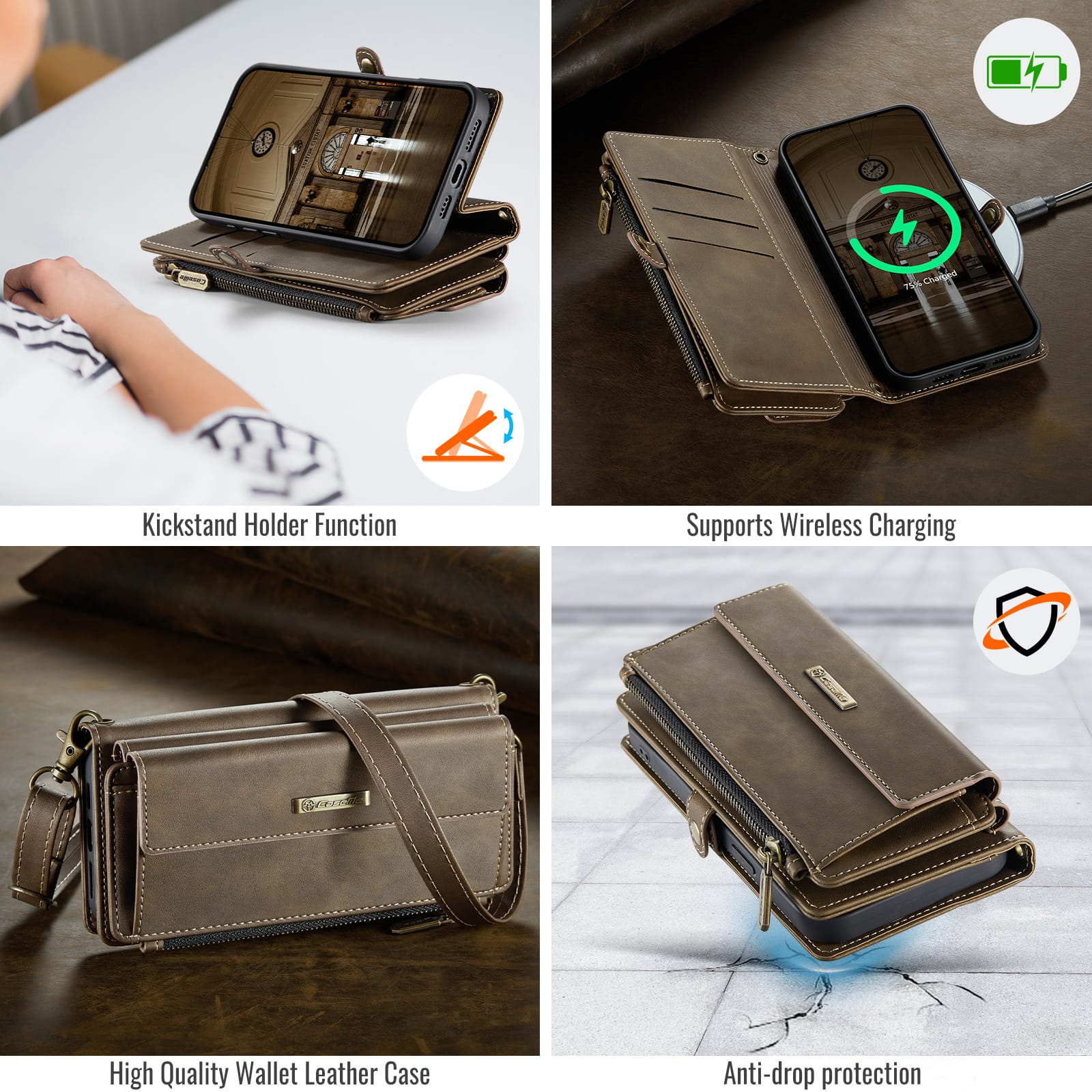 iPhone 16e 17e Crossbody Case with Strap, Card Slots & Zipper Pocket Coffee