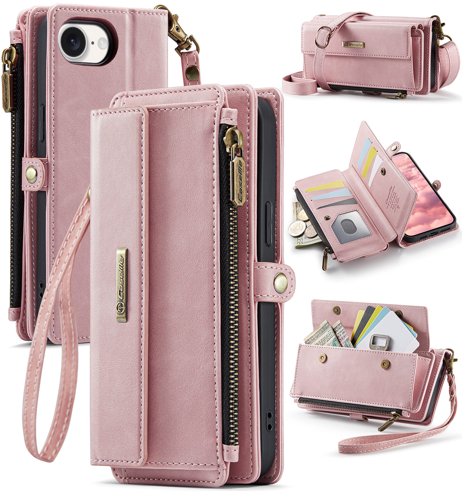 iPhone 16e 17e Crossbody Case with Strap, Card Slots & Zipper Pocket Pink