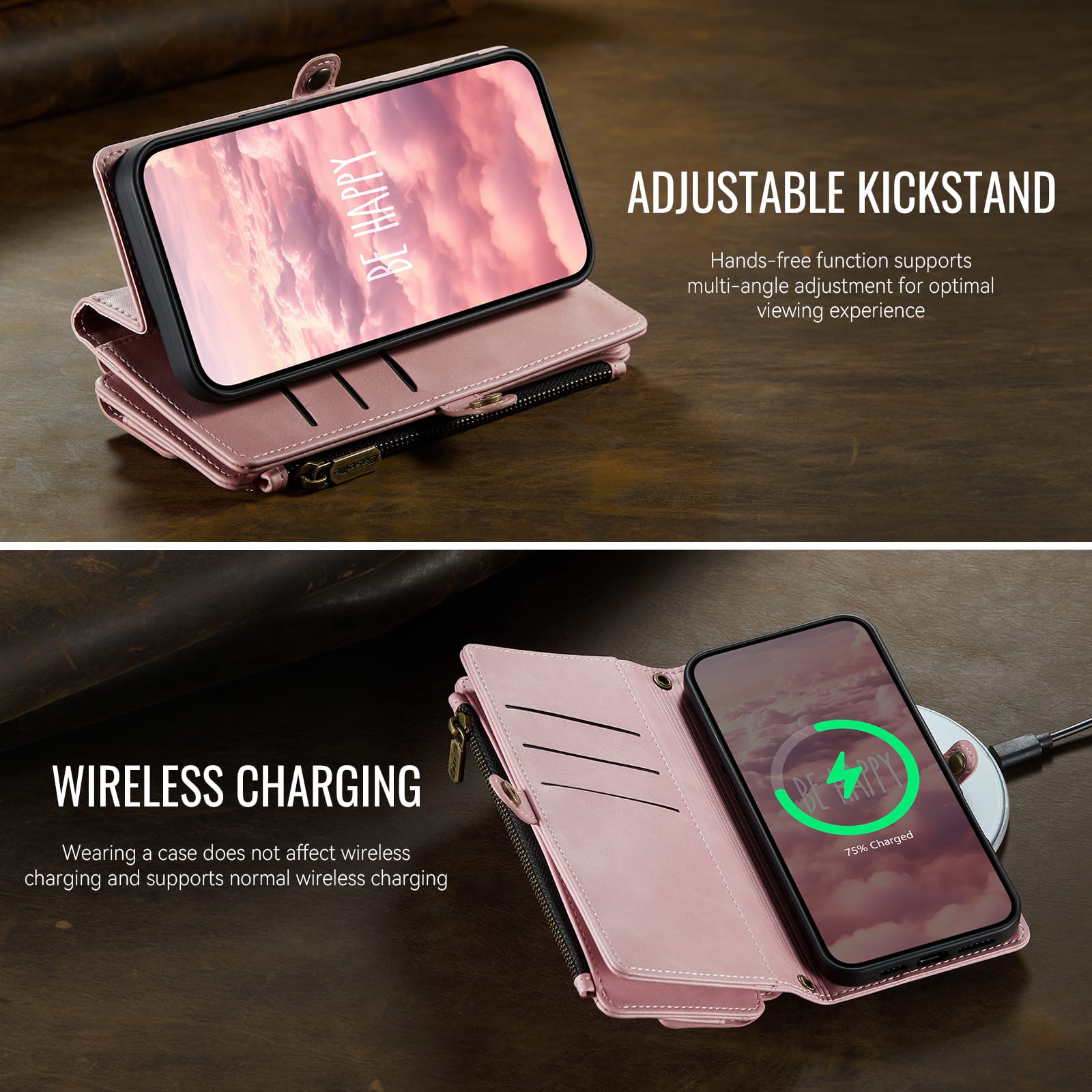 iPhone 16e 17e Crossbody Case with Strap, Card Slots & Zipper Pocket Pink