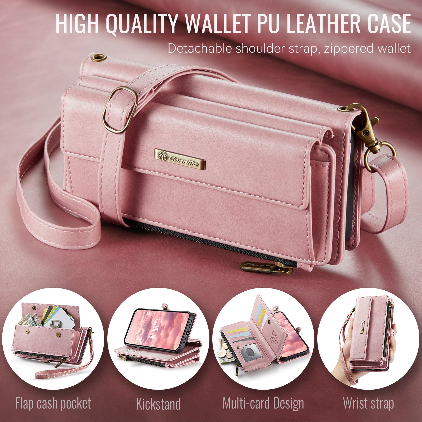 iPhone 16e 17e Crossbody Case with Strap, Card Slots & Zipper Pocket Pink