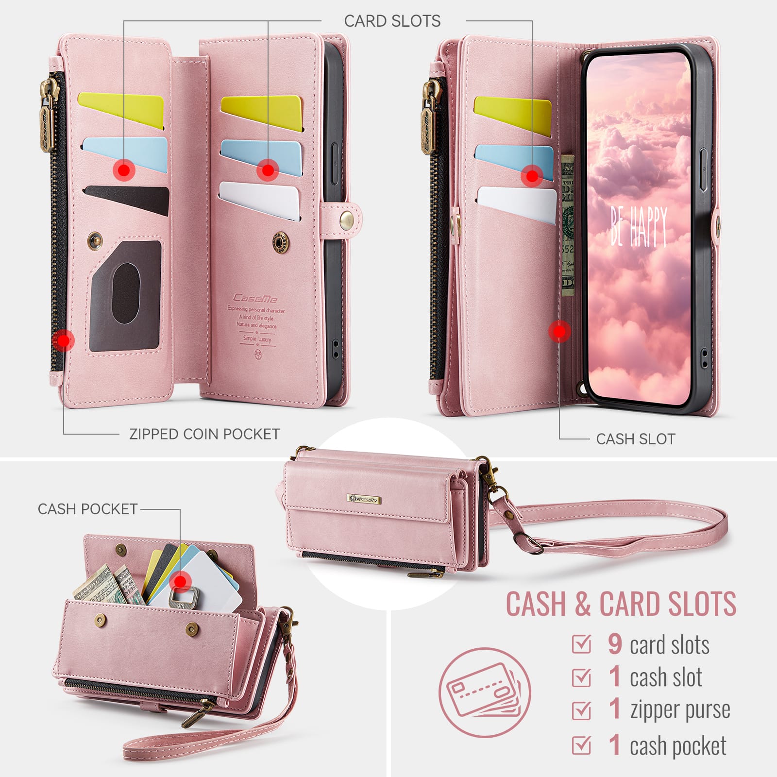iPhone 16e 17e Crossbody Case with Strap, Card Slots & Zipper Pocket Pink