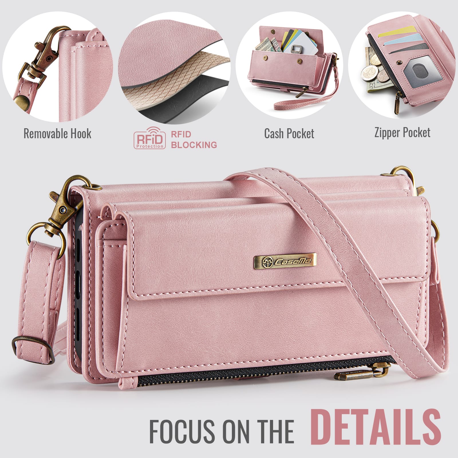 iPhone 16e 17e Crossbody Case with Strap, Card Slots & Zipper Pocket Pink