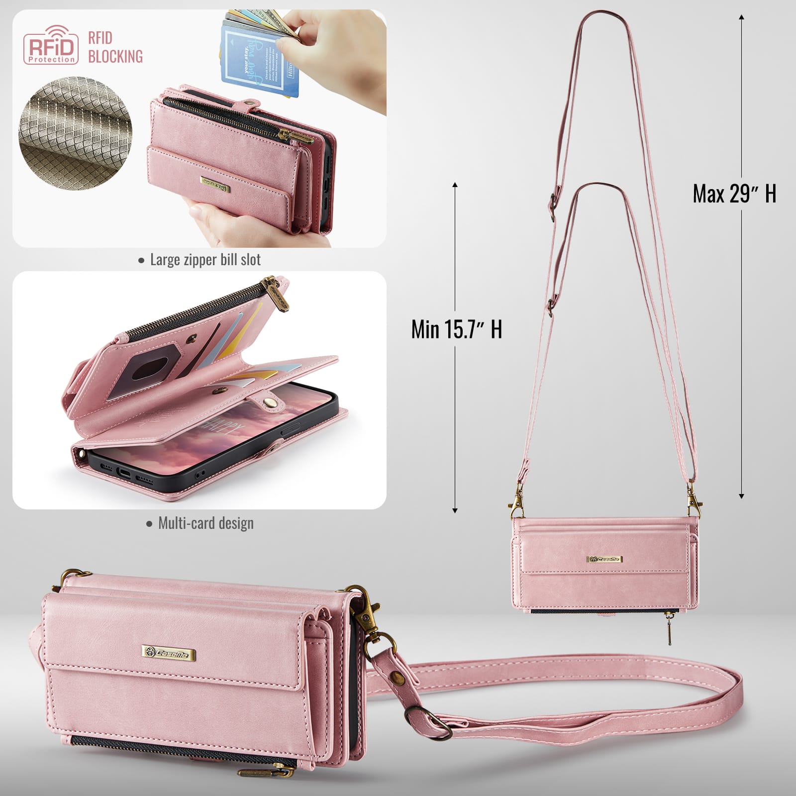 iPhone 16e 17e Crossbody Case with Strap, Card Slots & Zipper Pocket Pink