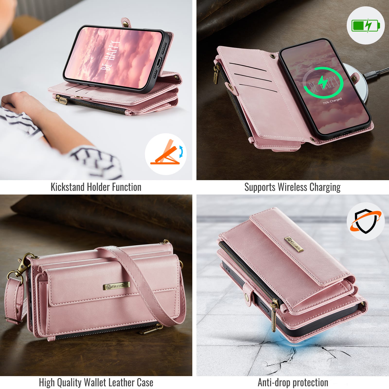 iPhone 16e 17e Crossbody Case with Strap, Card Slots & Zipper Pocket Pink