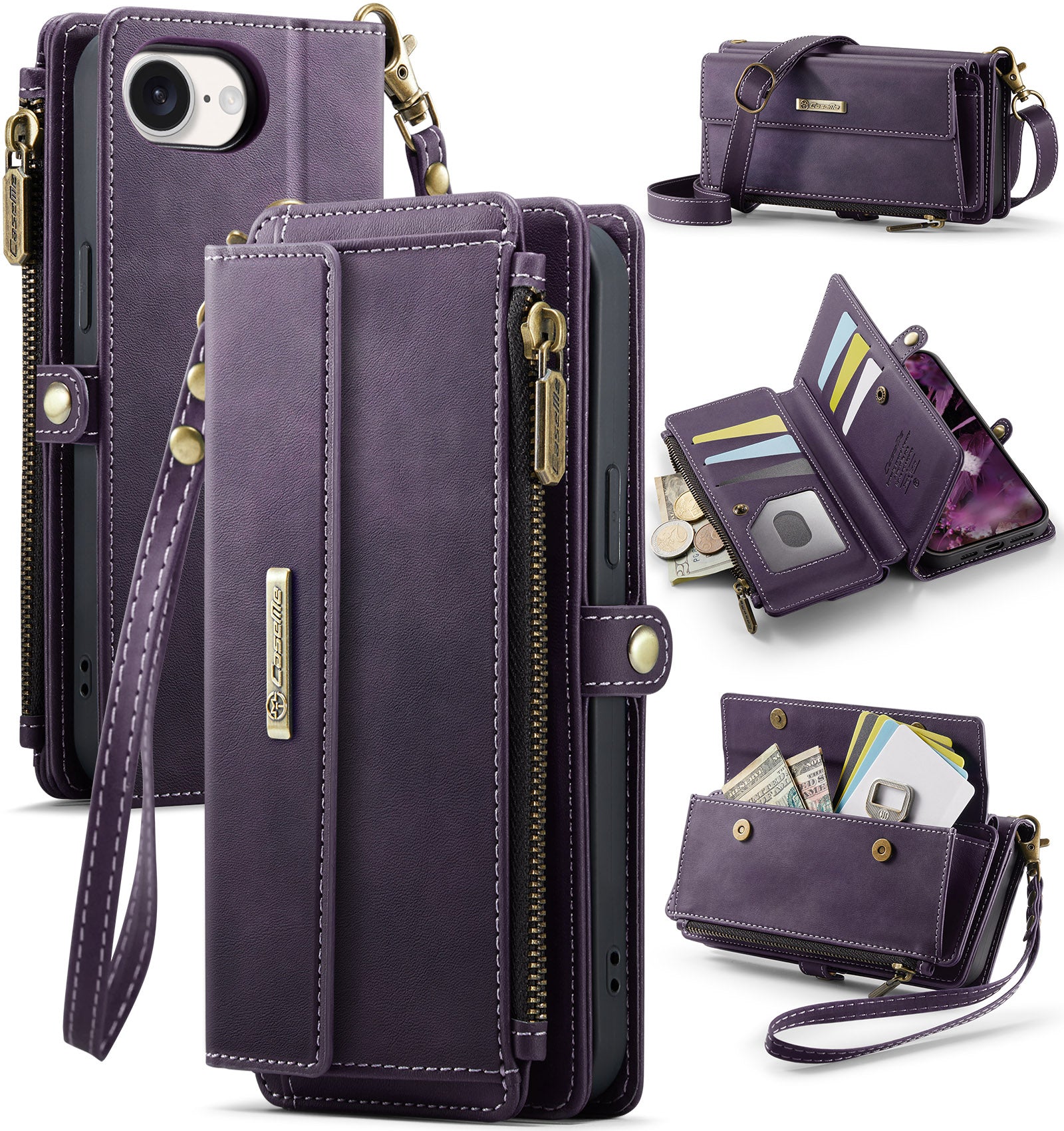 iPhone 16e 17e Crossbody Case with Strap, Card Slots & Zipper Pocket Purple