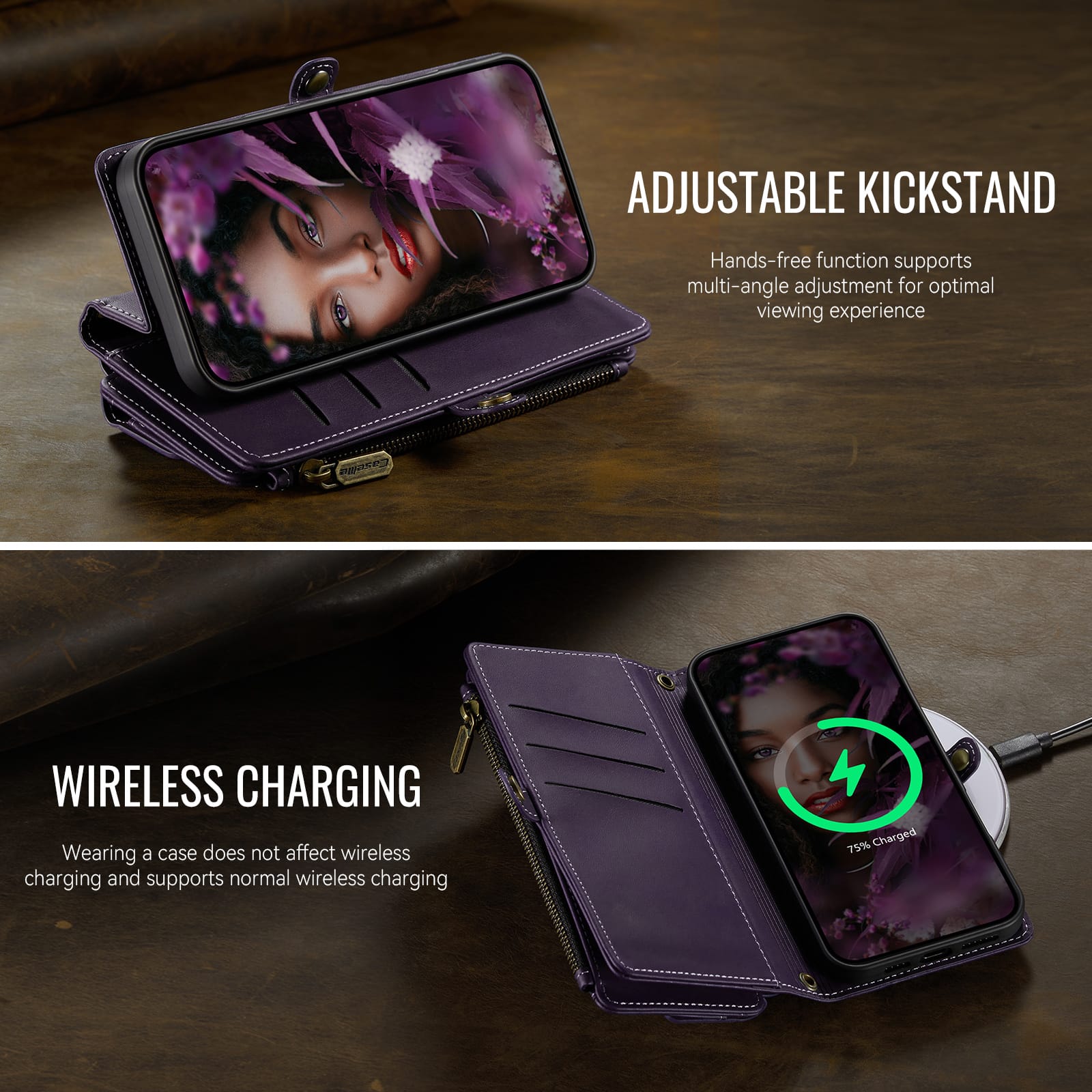 iPhone 16e 17e Crossbody Case with Strap, Card Slots & Zipper Pocket Purple