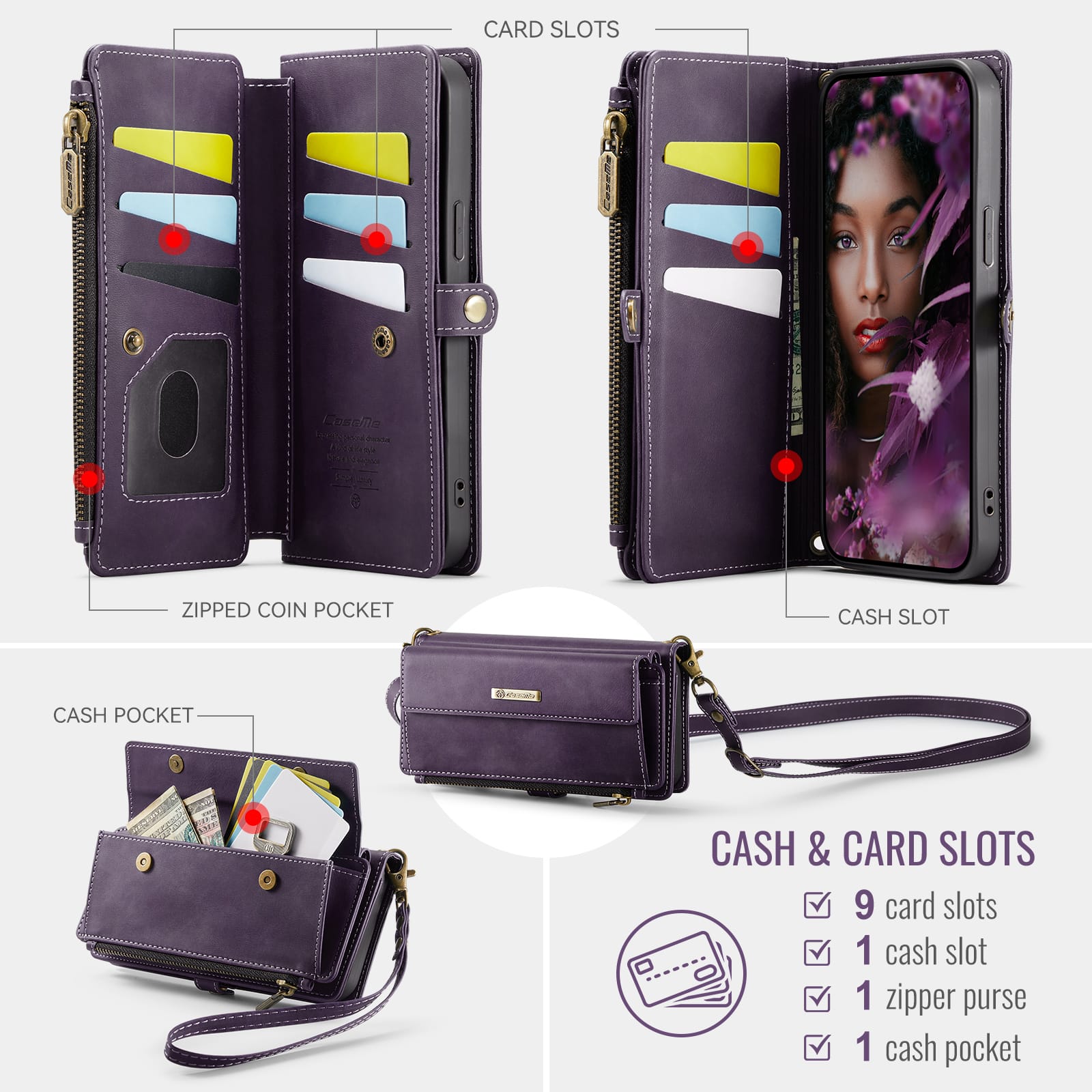 iPhone 16e 17e Crossbody Case with Strap, Card Slots & Zipper Pocket Purple