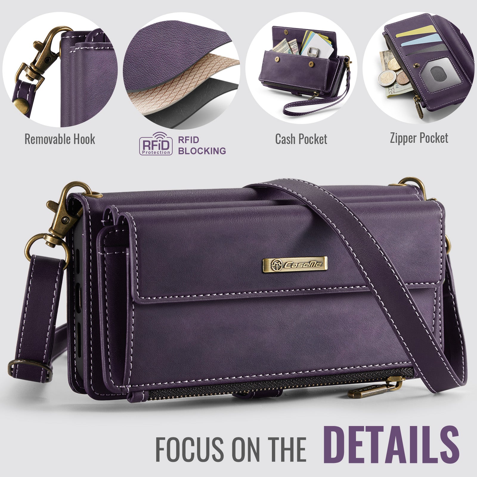 iPhone 16e 17e Crossbody Case with Strap, Card Slots & Zipper Pocket Purple