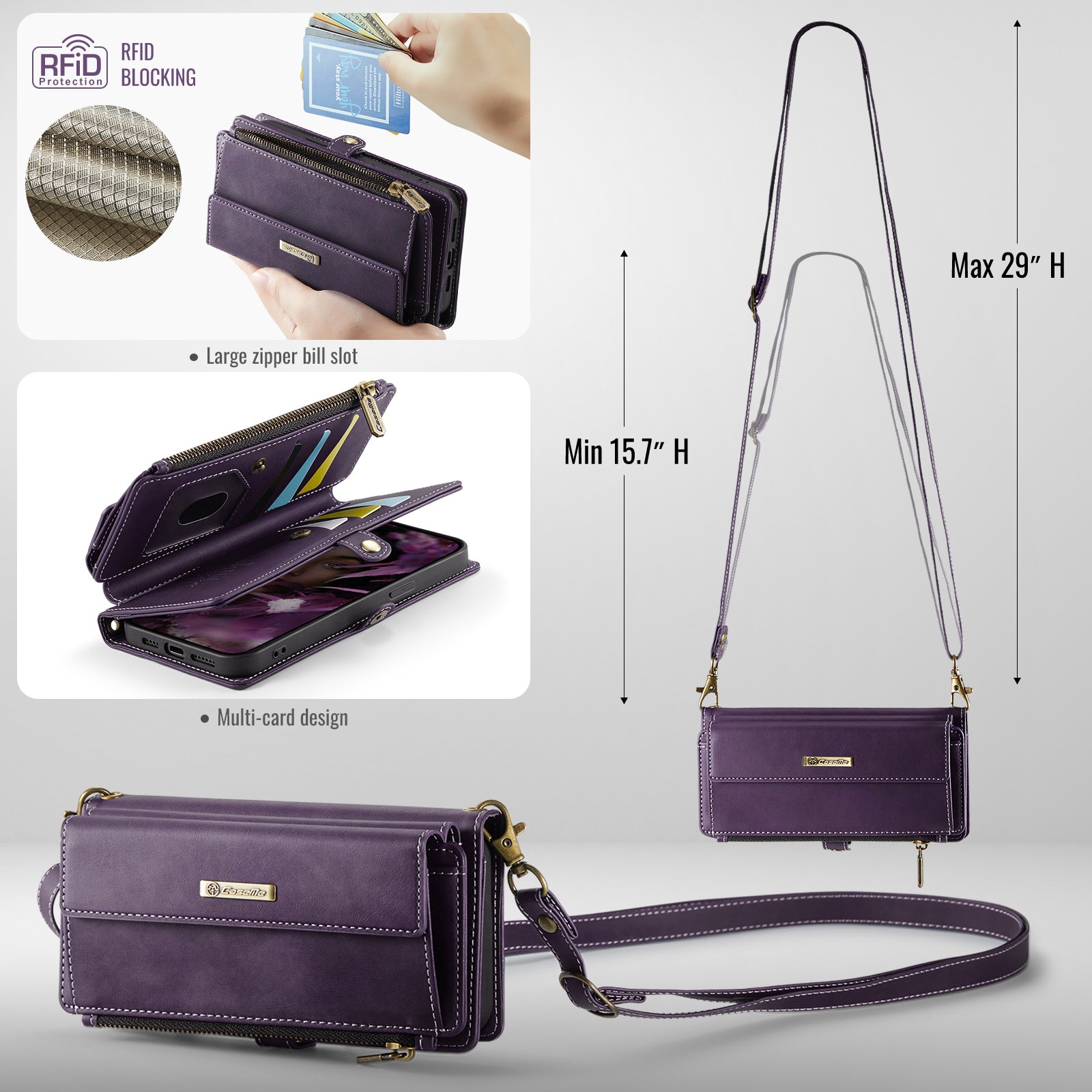 iPhone 16e 17e Crossbody Case with Strap, Card Slots & Zipper Pocket Purple
