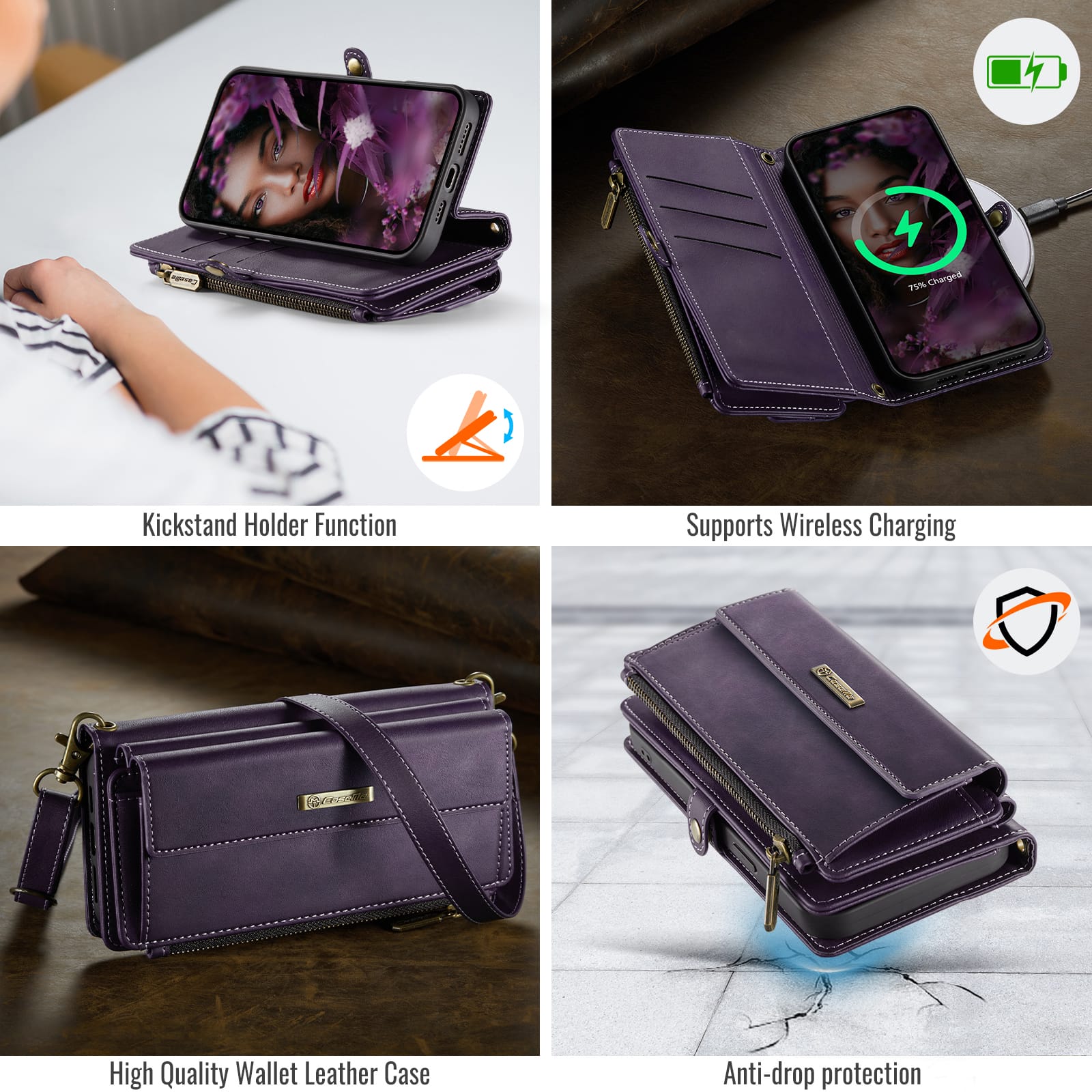 iPhone 16e 17e Crossbody Case with Strap, Card Slots & Zipper Pocket Purple