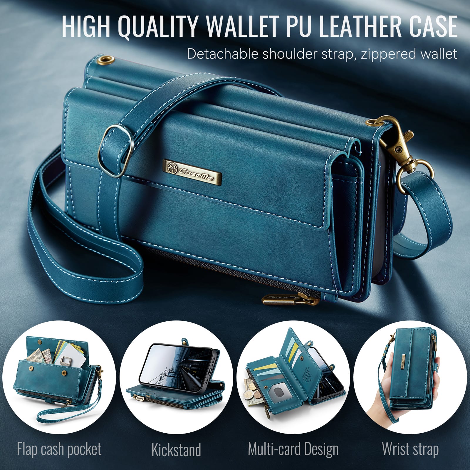iPhone 16e 17e Crossbody Case with Strap, Card Slots & Zipper Pocket Teal