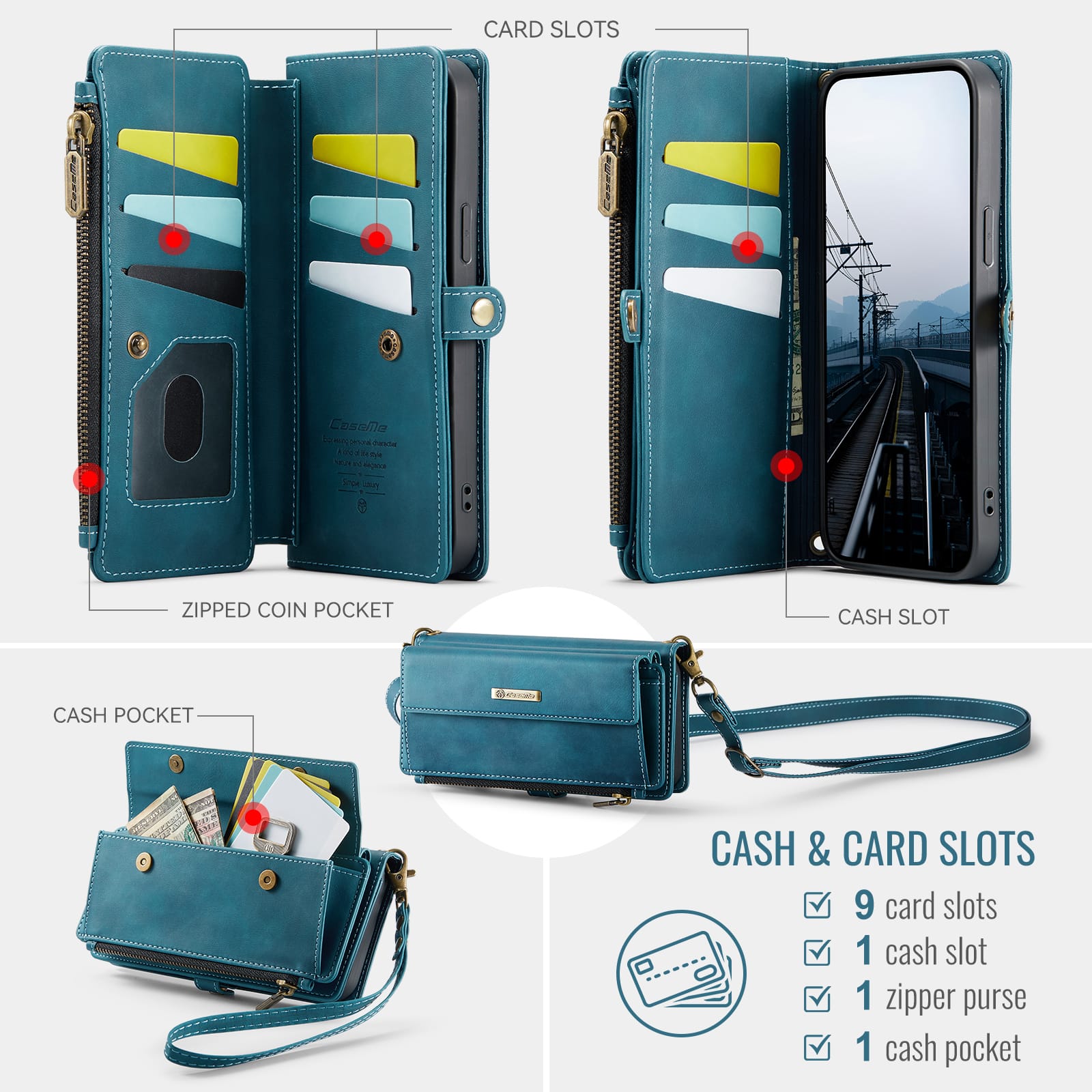 iPhone 16e 17e Crossbody Case with Strap, Card Slots & Zipper Pocket Teal