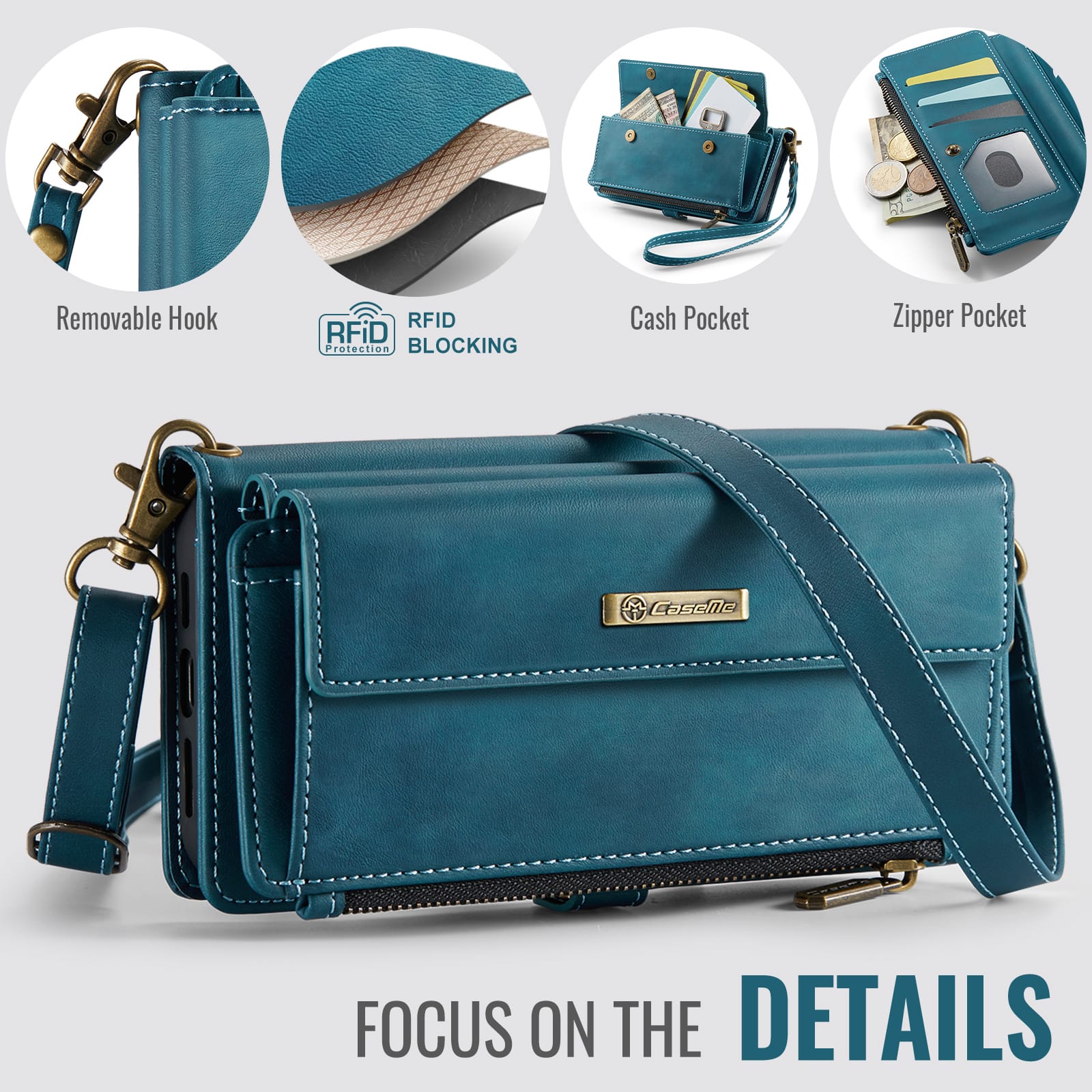 iPhone 16e 17e Crossbody Case with Strap, Card Slots & Zipper Pocket Teal