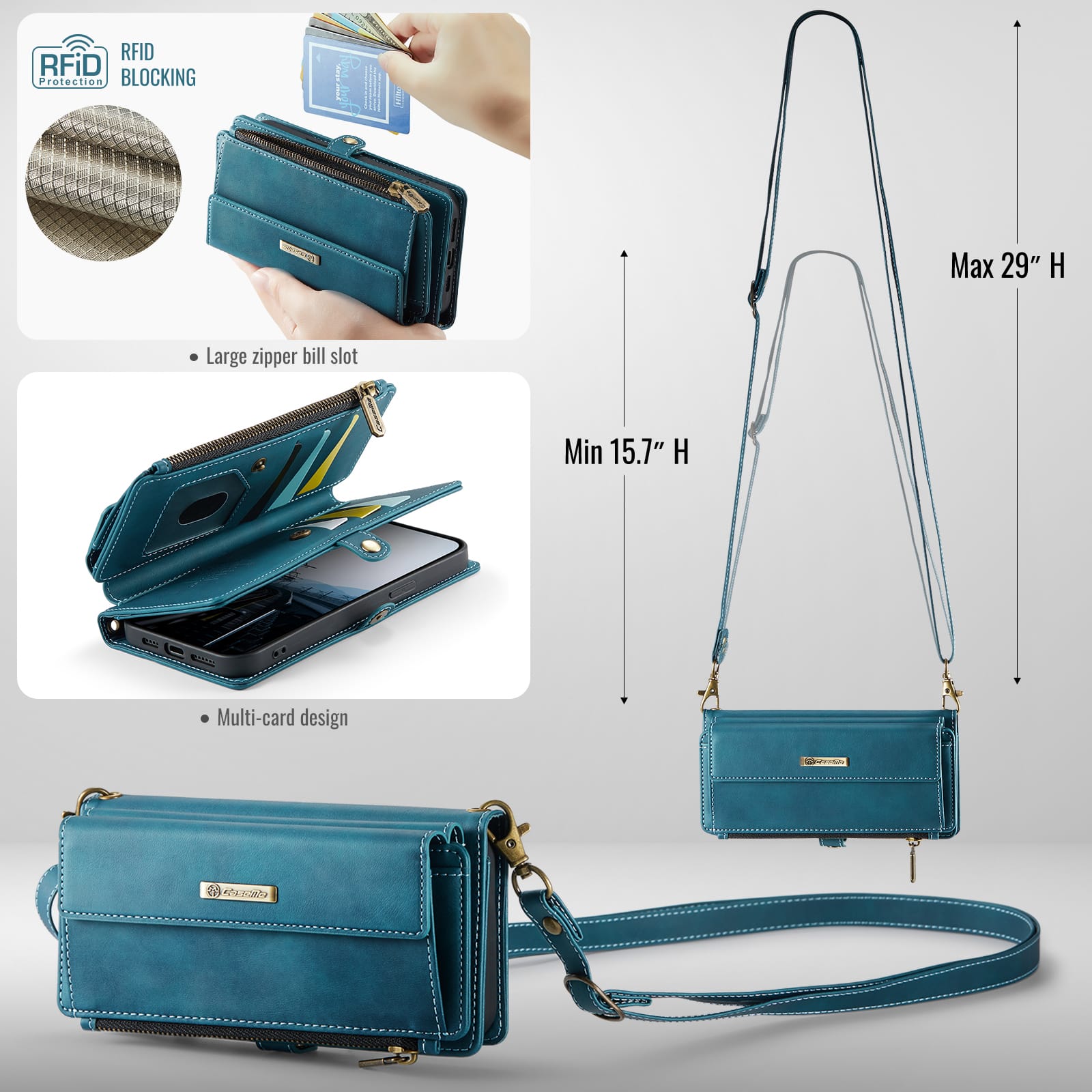 iPhone 16e 17e Crossbody Case with Strap, Card Slots & Zipper Pocket Teal