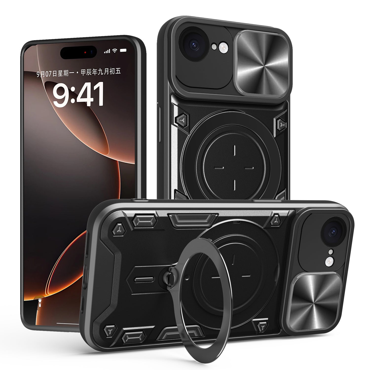 iPhone 16e 17e Ring Kickstand Case w/ Camera Cover Black