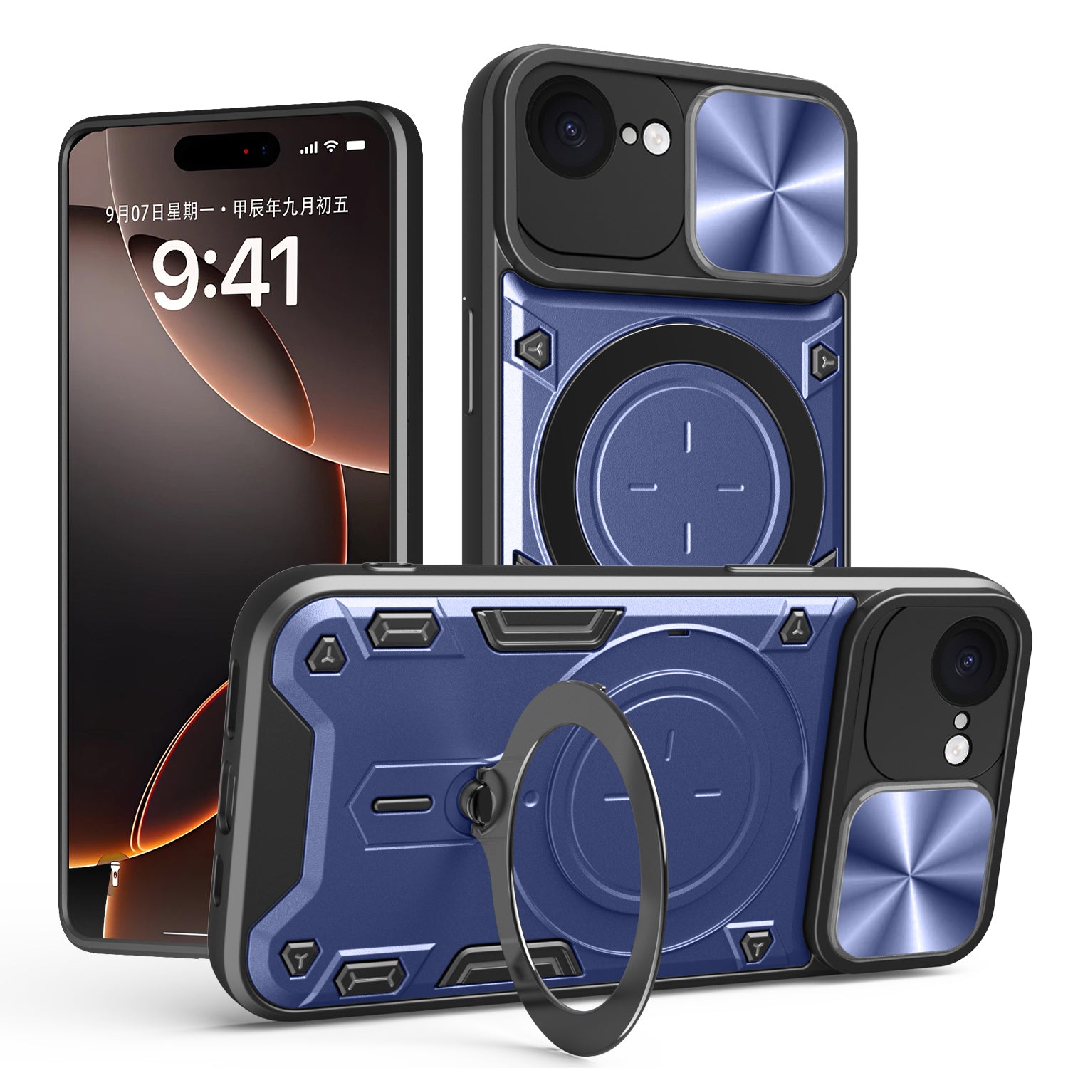 iPhone 16e 17e Ring Kickstand Case w/ Camera Cover Navy