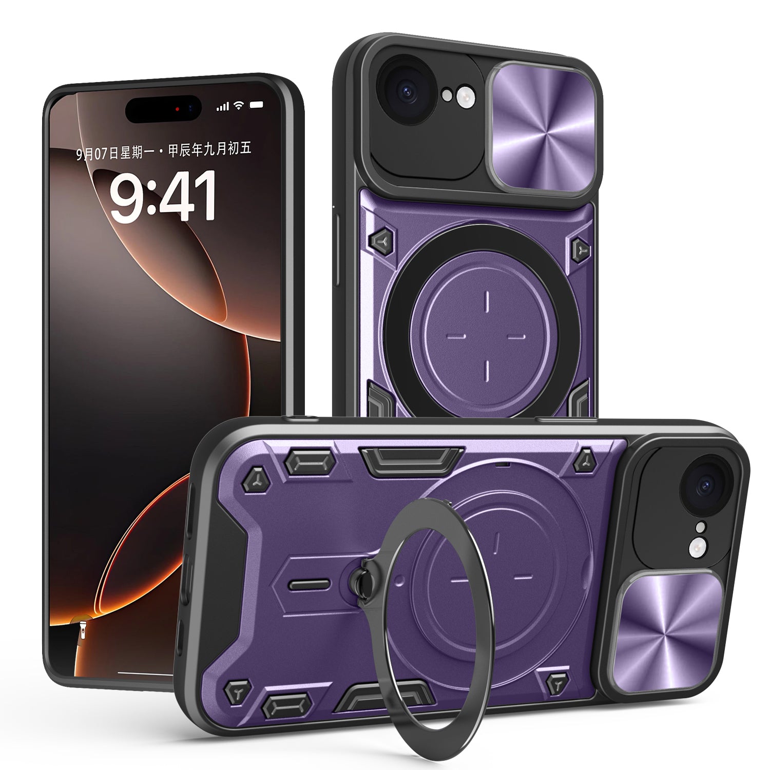iPhone 16e 17e Ring Kickstand Case w/ Camera Cover Purple