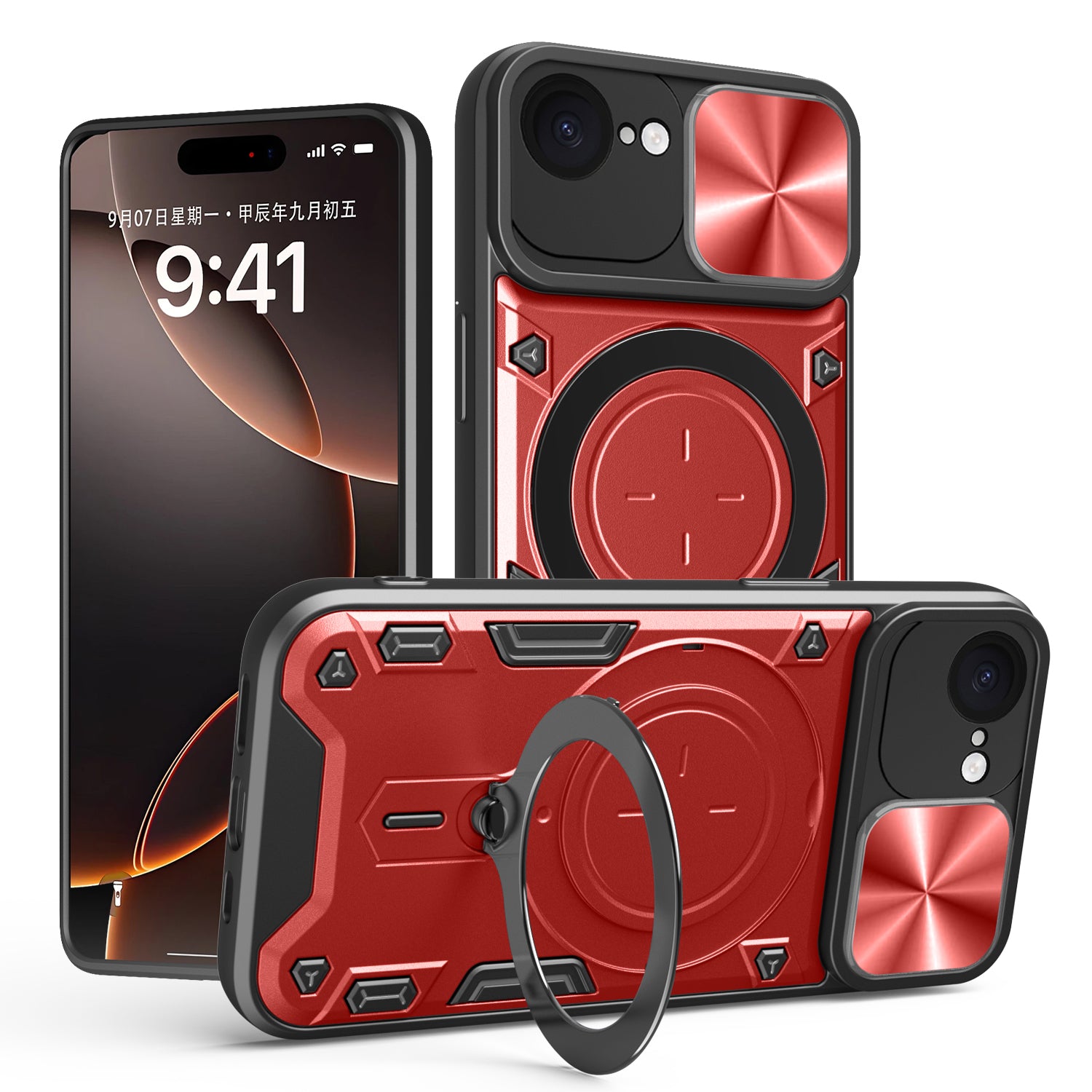iPhone 16e 17e Ring Kickstand Case w/ Camera Cover Red