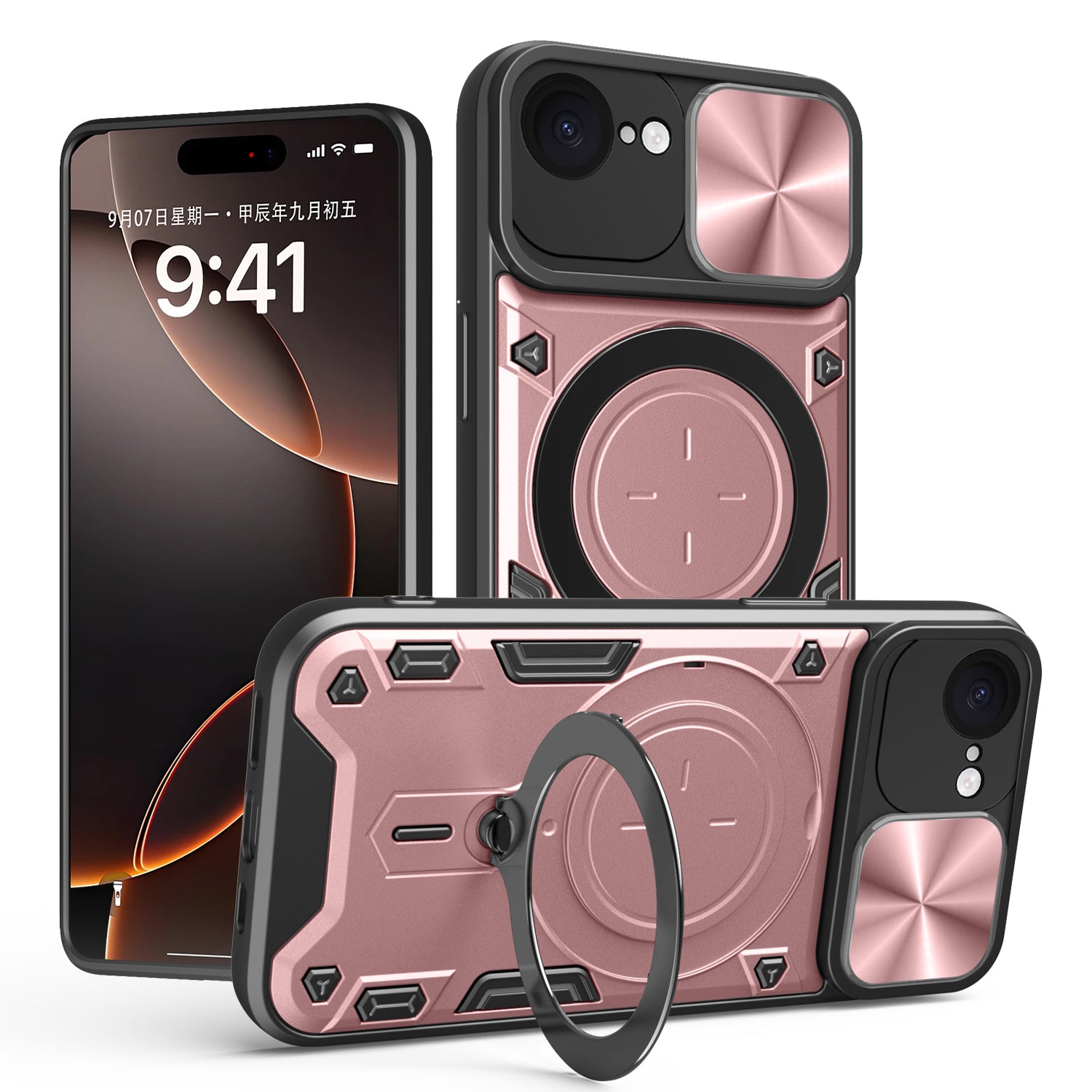 iPhone 16e 17e Ring Kickstand Case w/ Camera Cover Rose Gold
