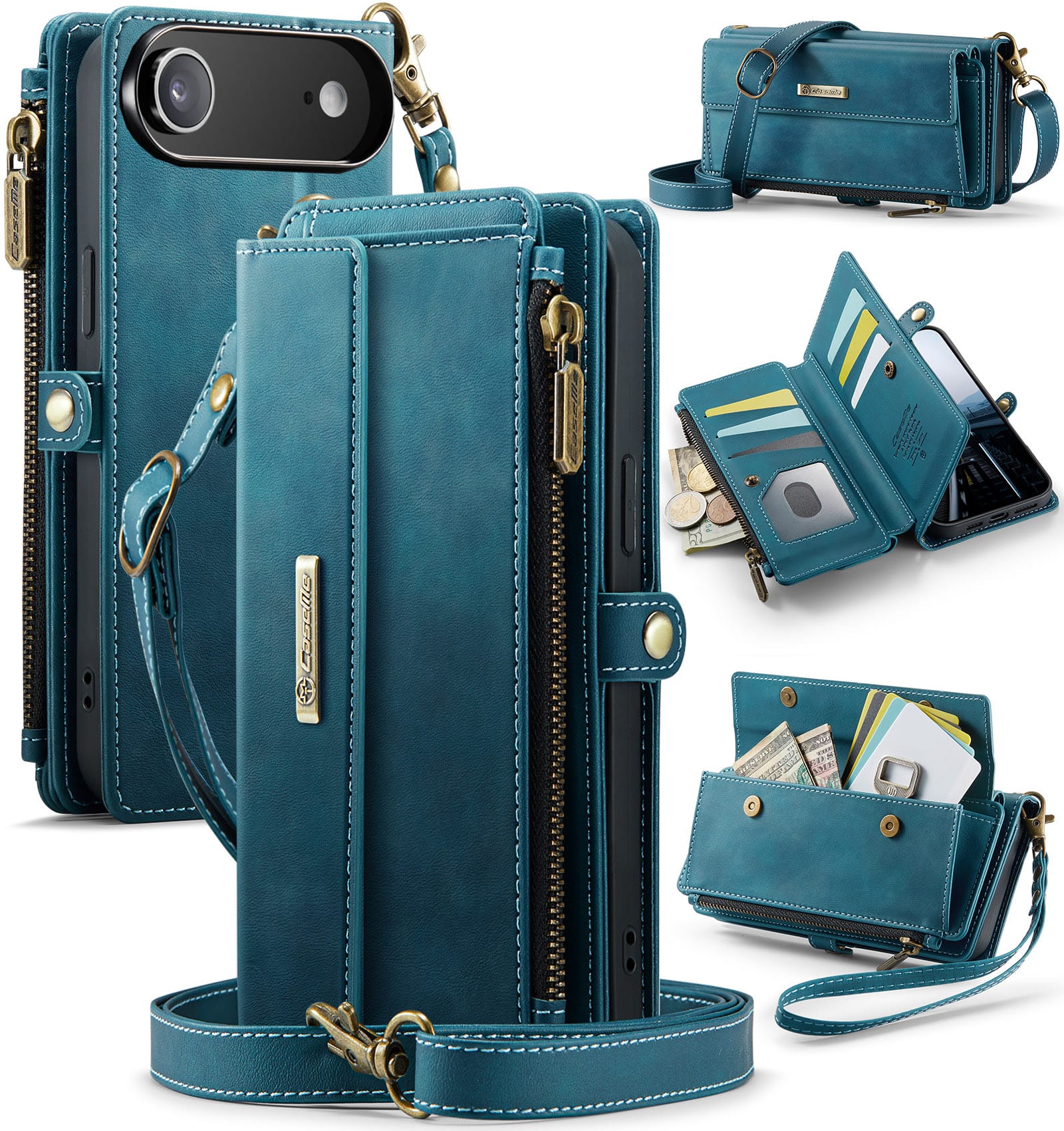 iPhone Air Crossbody Case with Strap, Card Slots Zipper Pocket [Teal