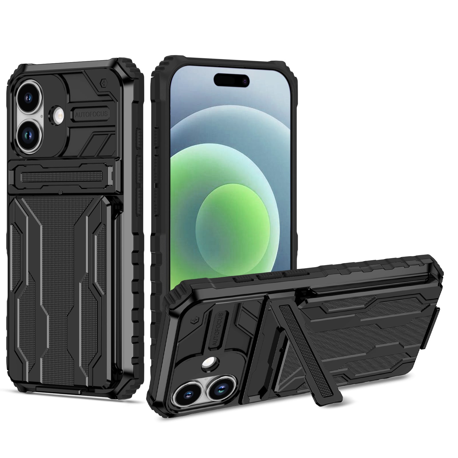iPhone 17 Heavy Duty Kickstand Card Holder Case Shockproof Black