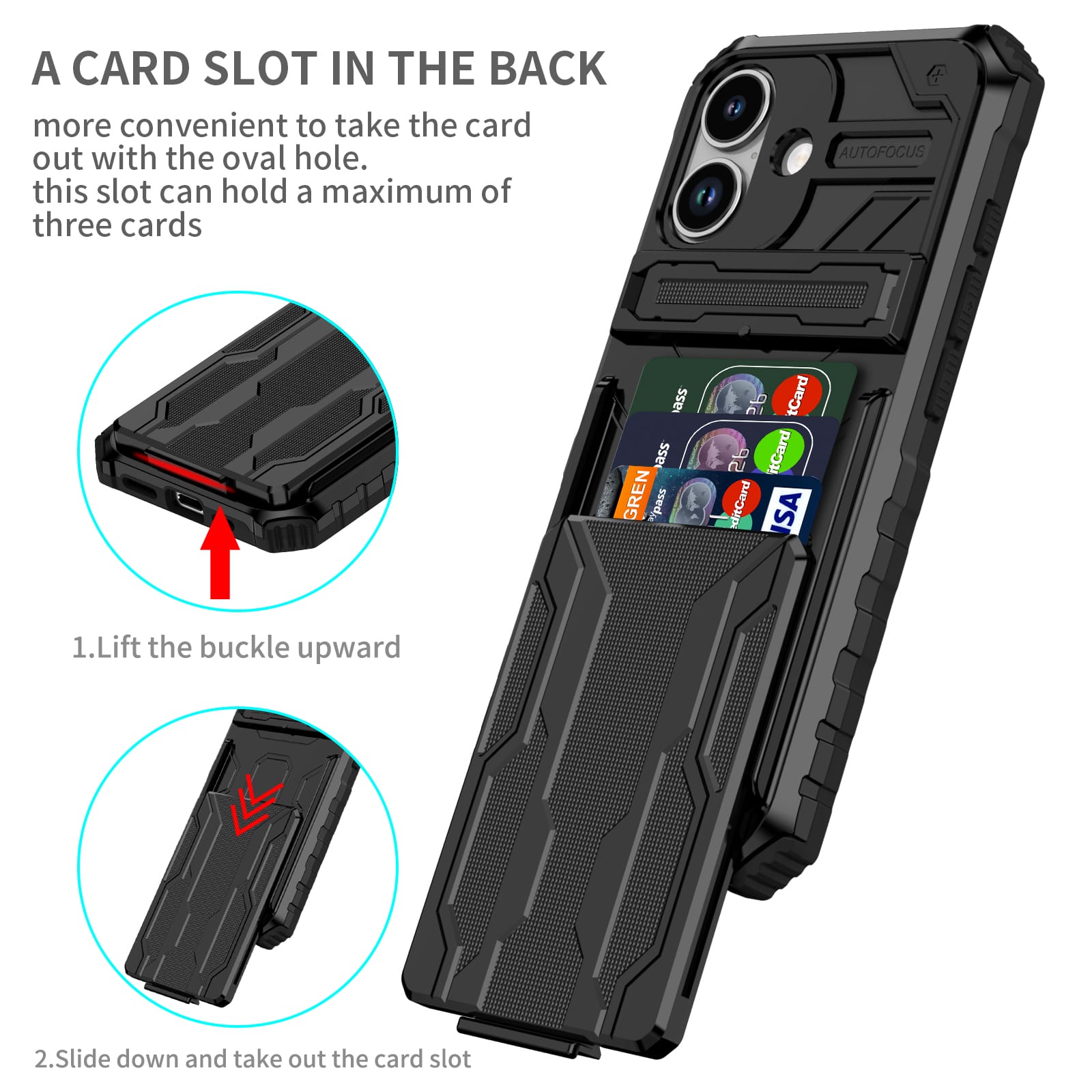 iPhone 17 Heavy Duty Kickstand Card Holder Case Shockproof Black
