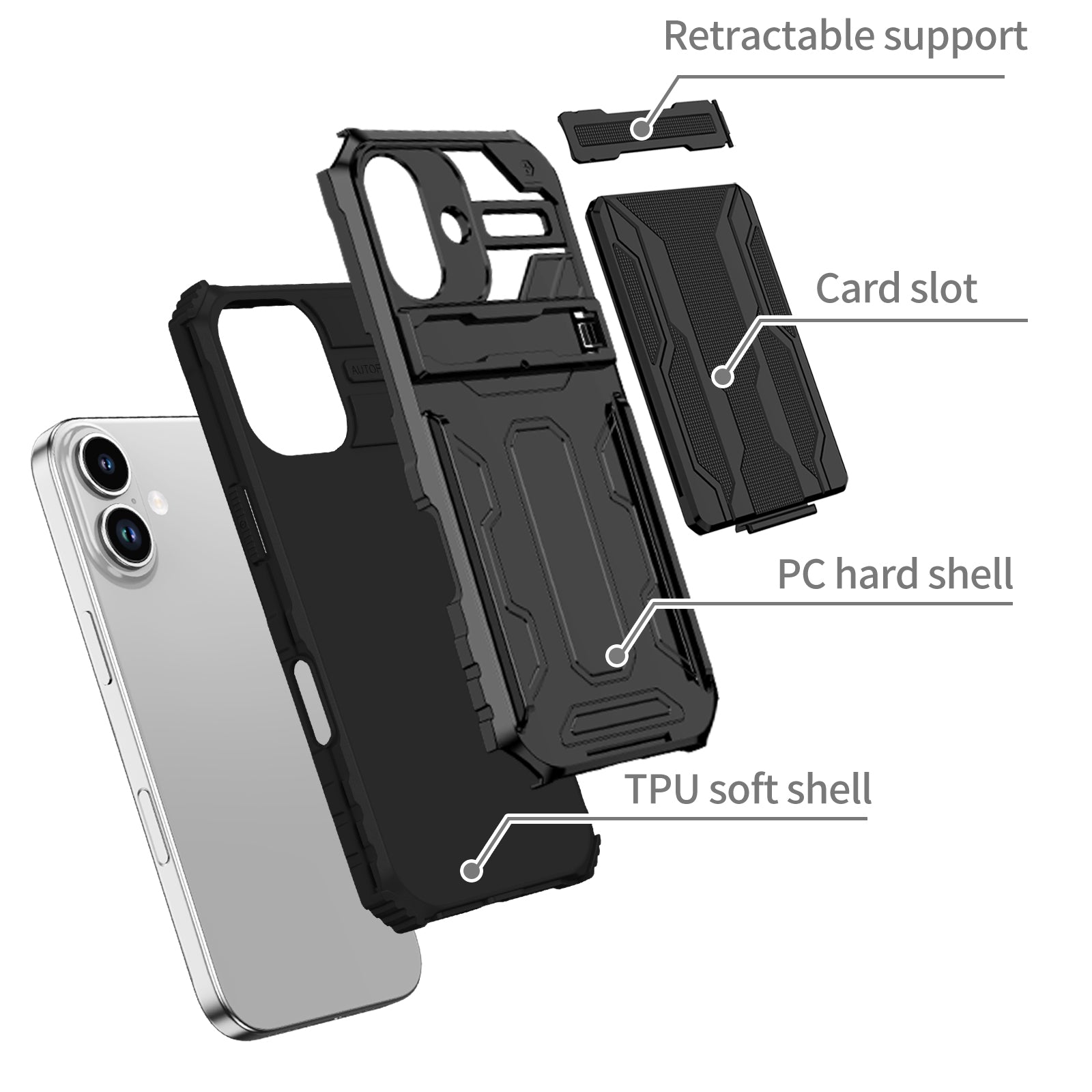 iPhone 17 Heavy Duty Kickstand Card Holder Case Shockproof Black