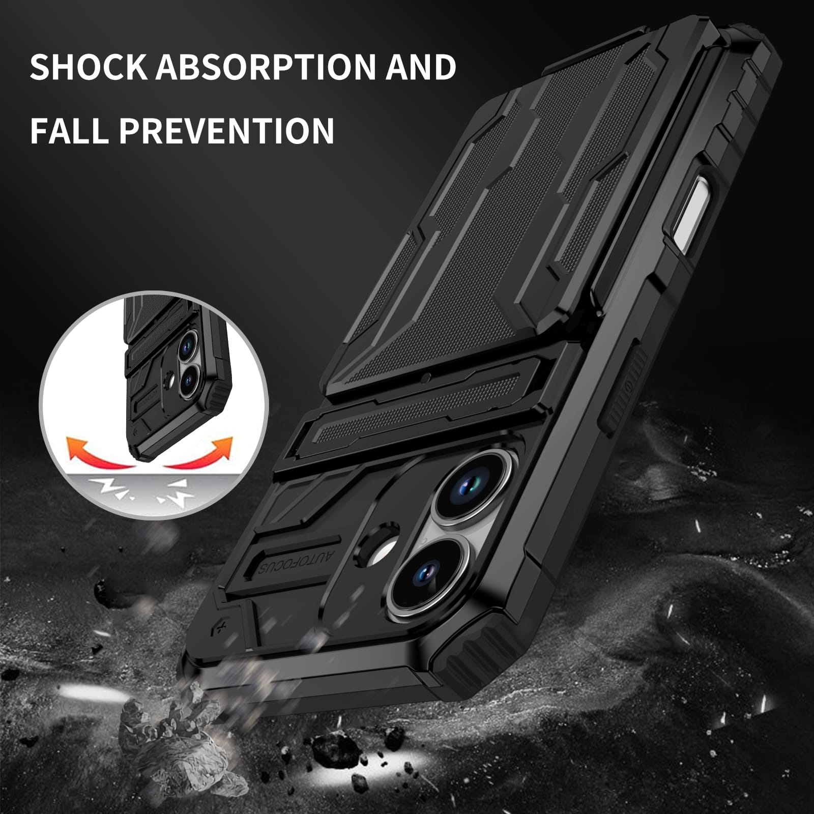 iPhone 17 Heavy Duty Kickstand Card Holder Case Shockproof Black
