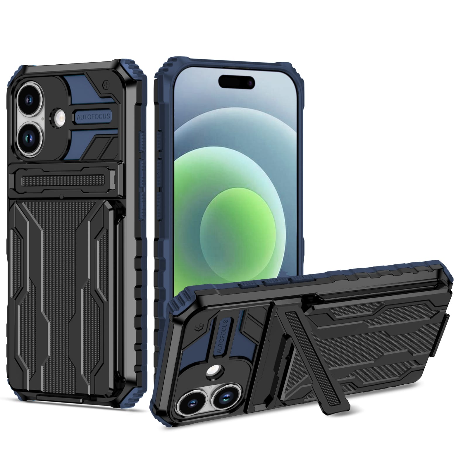 iPhone 17 Heavy Duty Kickstand Card Holder Case Shockproof Navy
