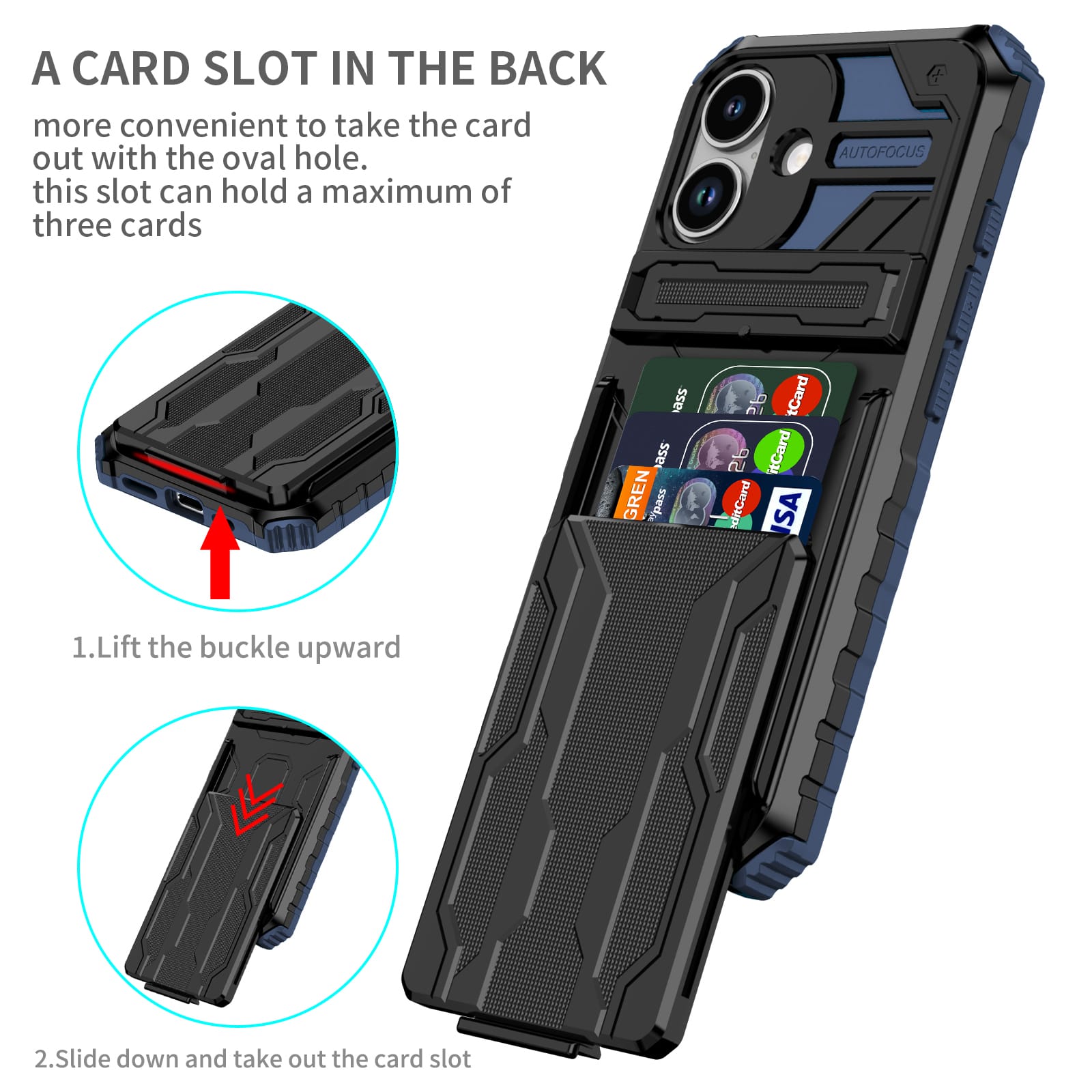 iPhone 17 Heavy Duty Kickstand Card Holder Case Shockproof Navy