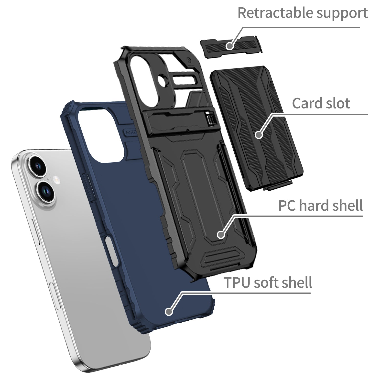 iPhone 17 Heavy Duty Kickstand Card Holder Case Shockproof Navy