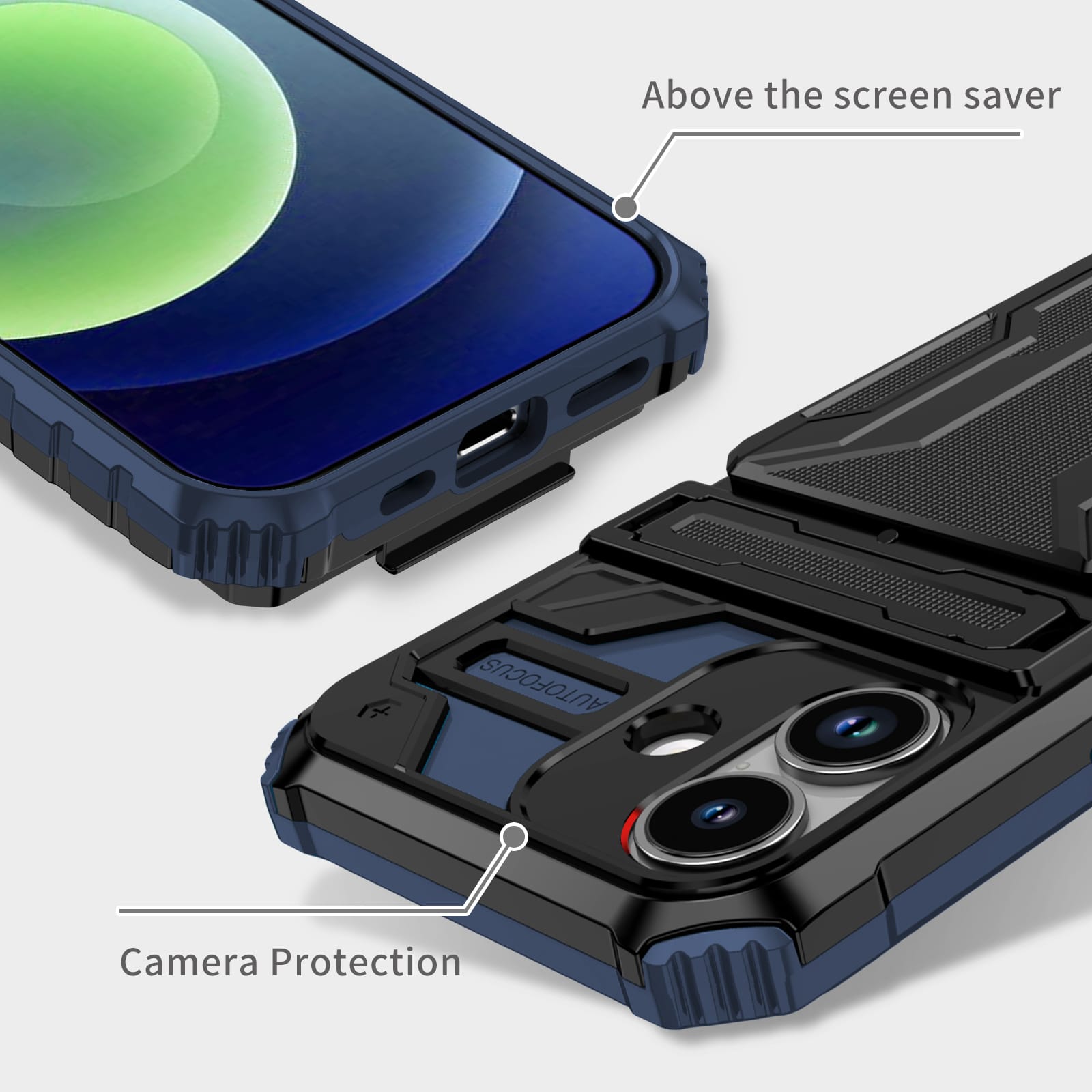 iPhone 17 Heavy Duty Kickstand Card Holder Case Shockproof Navy