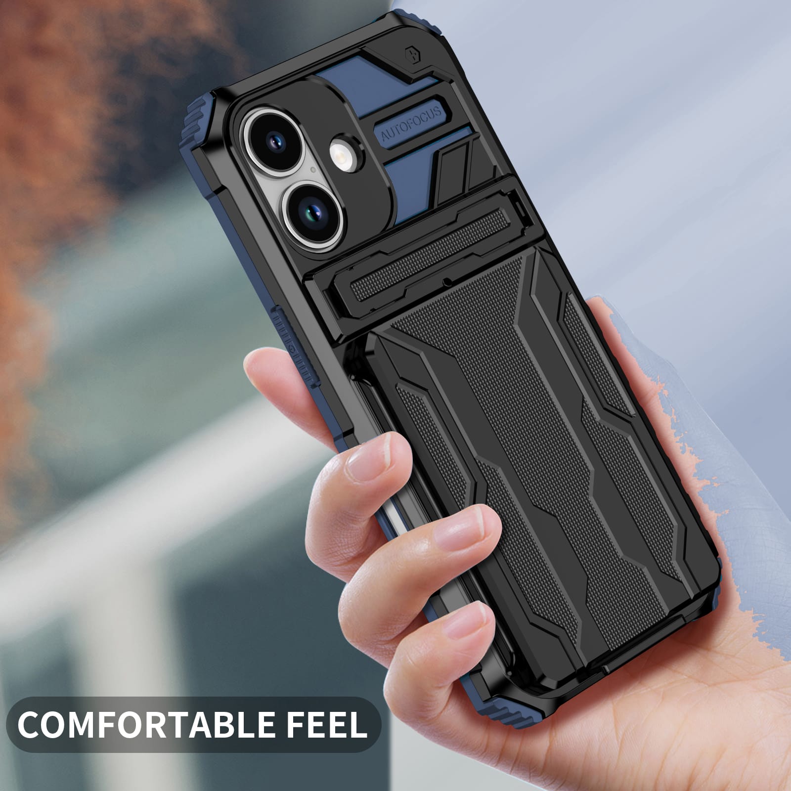 iPhone 17 Heavy Duty Kickstand Card Holder Case Shockproof Navy